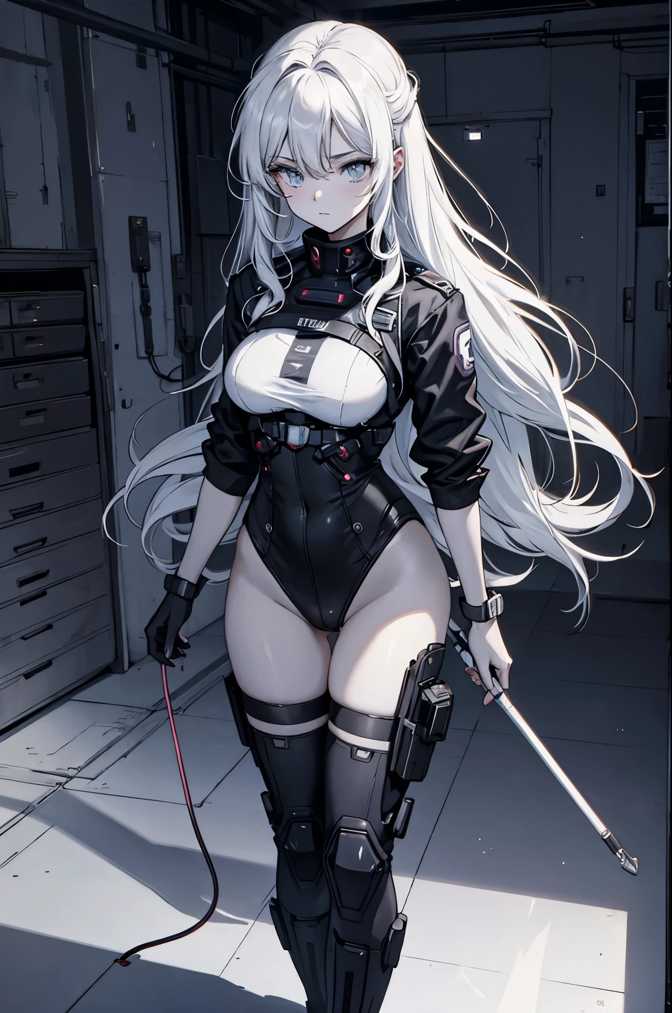 (((Epic, Masterwork, High Detail, Anime Illustration))), Black and white Line drawing (in an Anime Style),Epic sexy Detail, Variable Line art, Clean line art, HD 4k, No color,(sexy female combat Medic) Working in a High tech room, ((Full body)), ((standing))