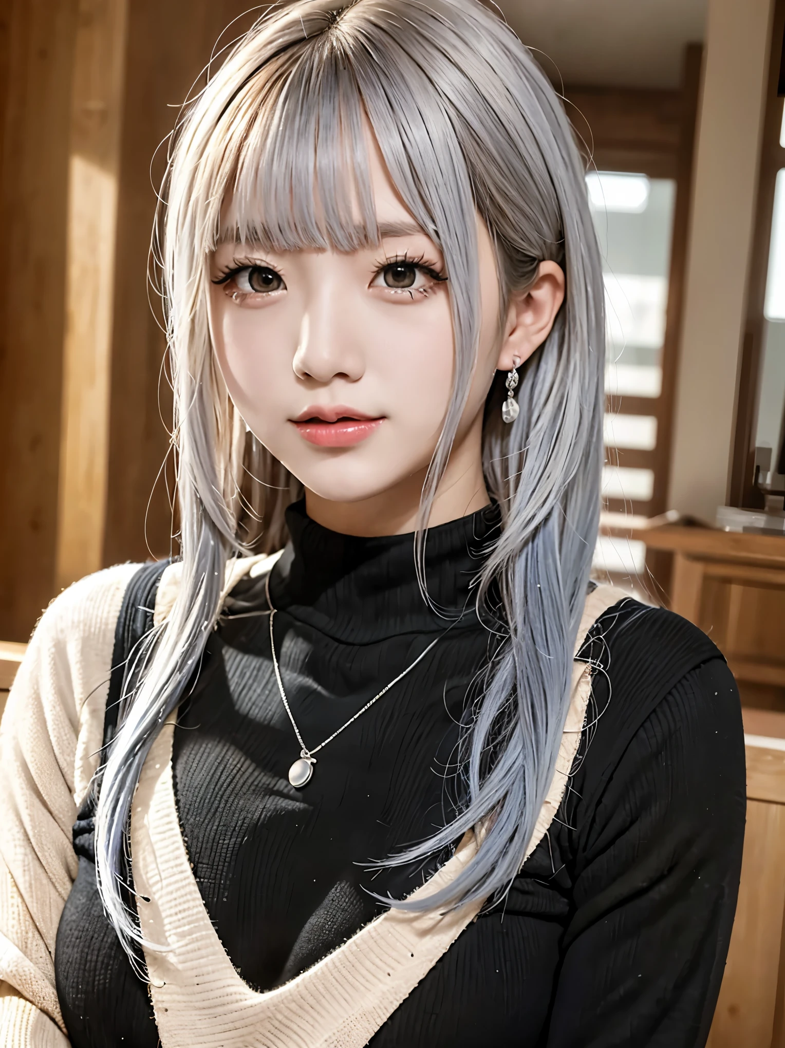 Realistic, masterpiece, highest quality, highest resolution, A portrait depicting only the upper body of a Japanese woman, He looks happy and smiles with his mouth slightly open., slightly turned to the side, definitely looking at the audience, beautiful detailed eyes, black eyes, thin eyebrows, Carefully draw eyelashes, natural makeup, brown eyeliner, light orange cheek, light colored lipstick, short hair, Silver hair with blue tips, detailed face, Simple design black turtleneck sweater, simple design silver earrings, Silver necklace with a tiny crescent moon charm