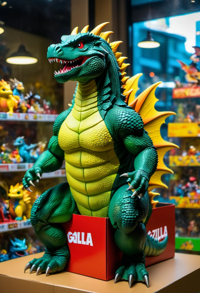 (best quality,4k,8k,highres,masterpiece:1.2),ultra-detailed, gozilla doll inside a box, product for sale, in the window of a toy store,