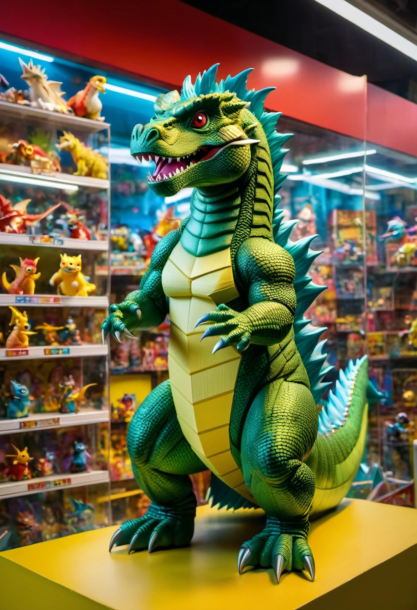(best quality,4k,8k,highres,masterpiece:1.2),ultra-detailed, gozilla doll inside a box, product for sale, in the window of a toy store,