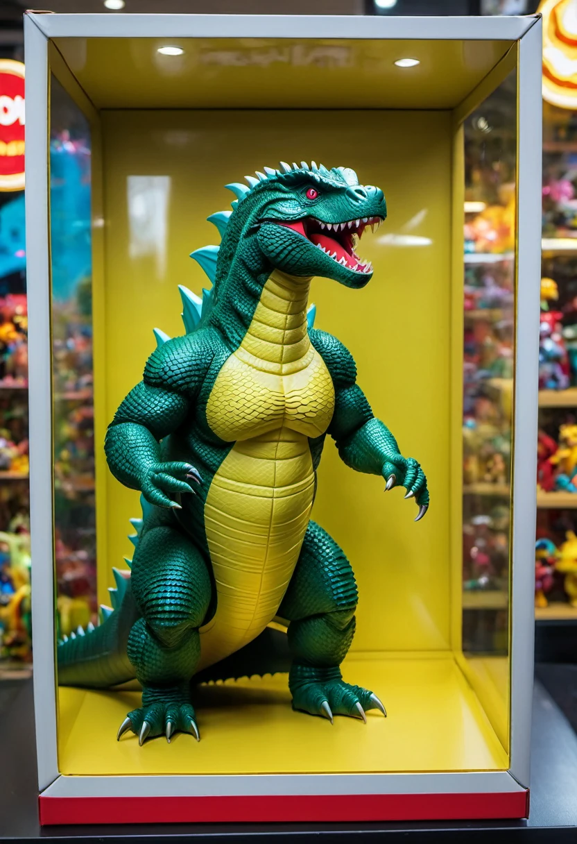 (best quality,4k,8k,highres,masterpiece:1.2),ultra-detailed, gozilla doll inside a box, product for sale, in the window of a toy store,
