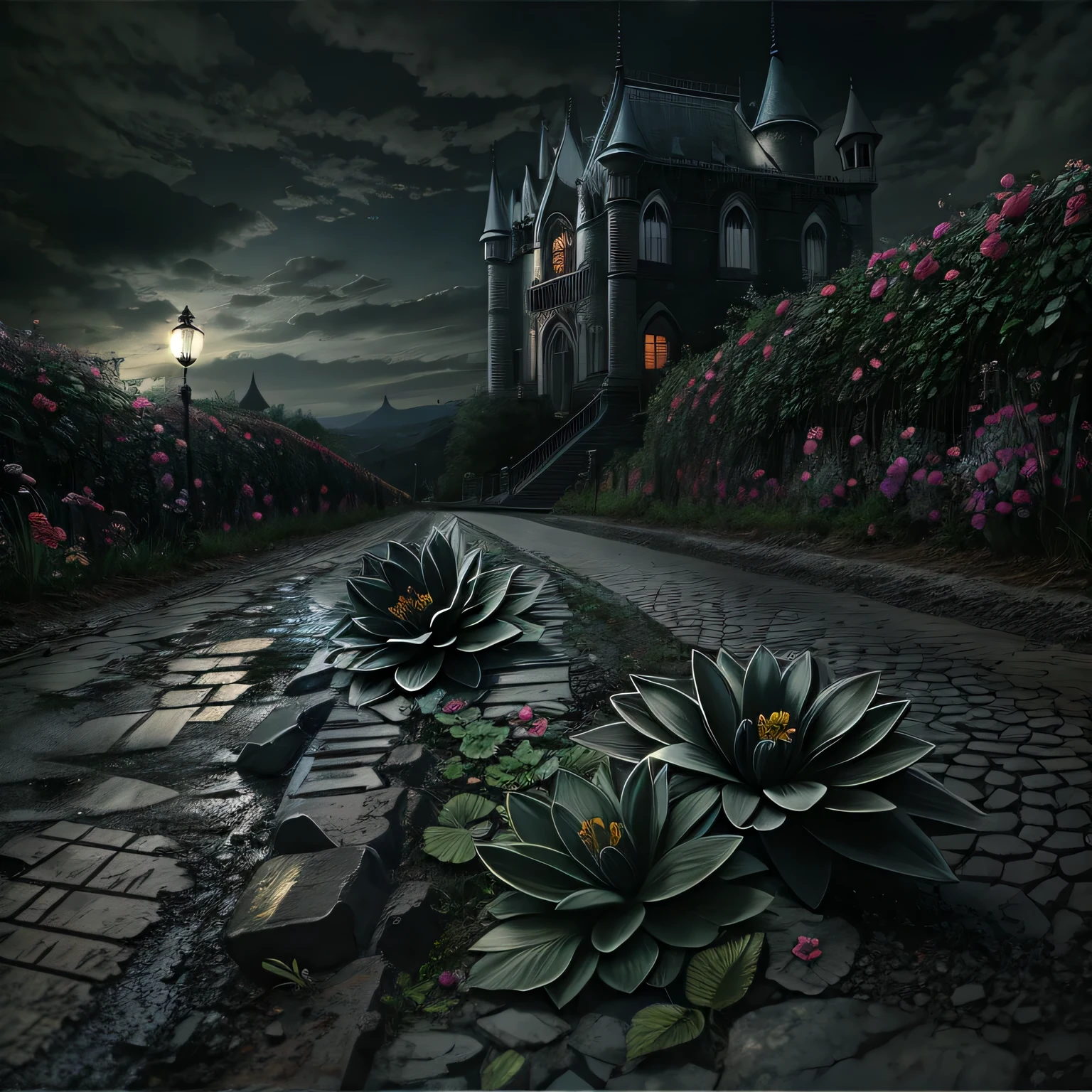 A black flower on the broken road,new moon,town,The light is very dark,gothic style((best quality)), ((intricate details)), (8K)