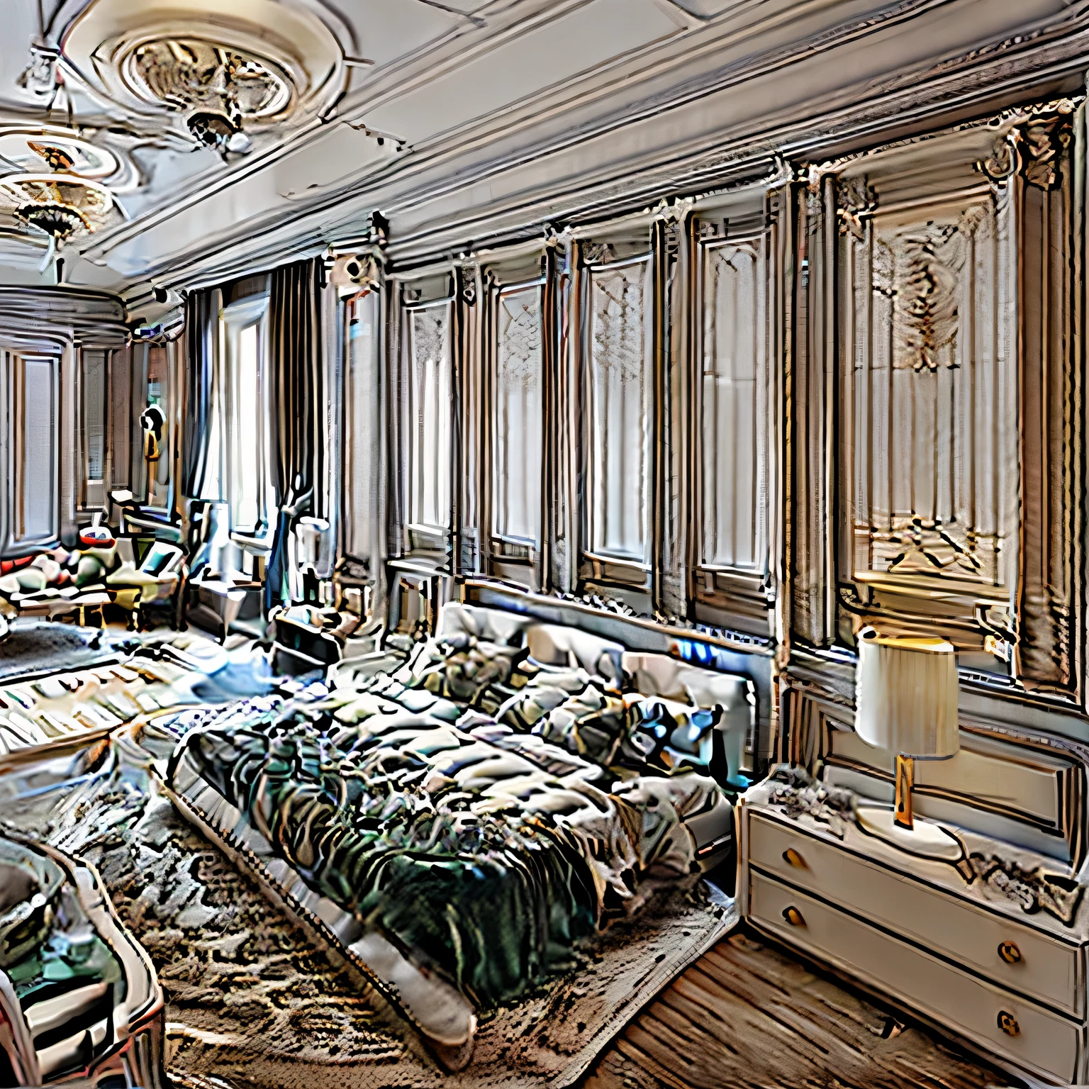 Neoclassical interior, 2 beds, natural light, ceiling lights, glass doors, main color gray