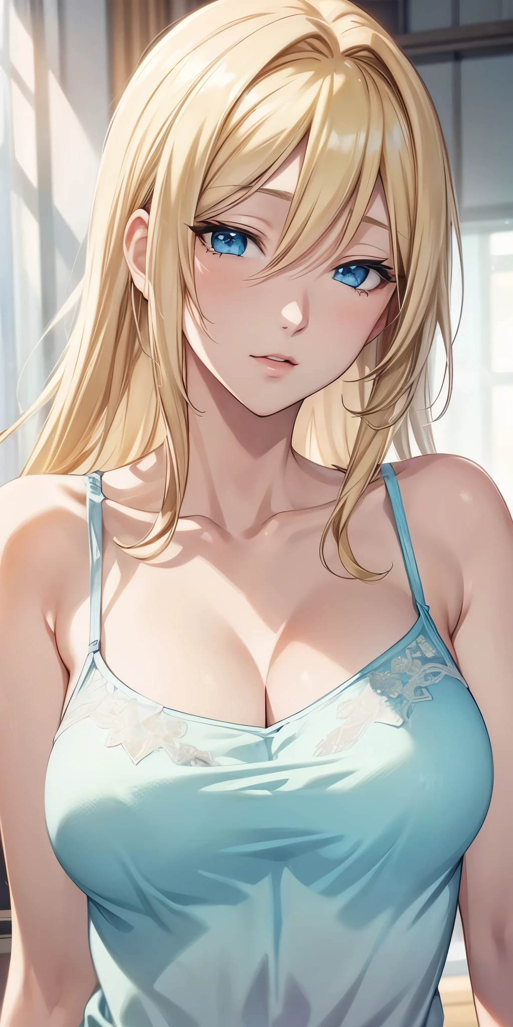 portrait, anime cg, blue eyes, blonde hair, transparent camisole, see through nipple, 4k resolution, high quality cg, beautiful cg, soft light