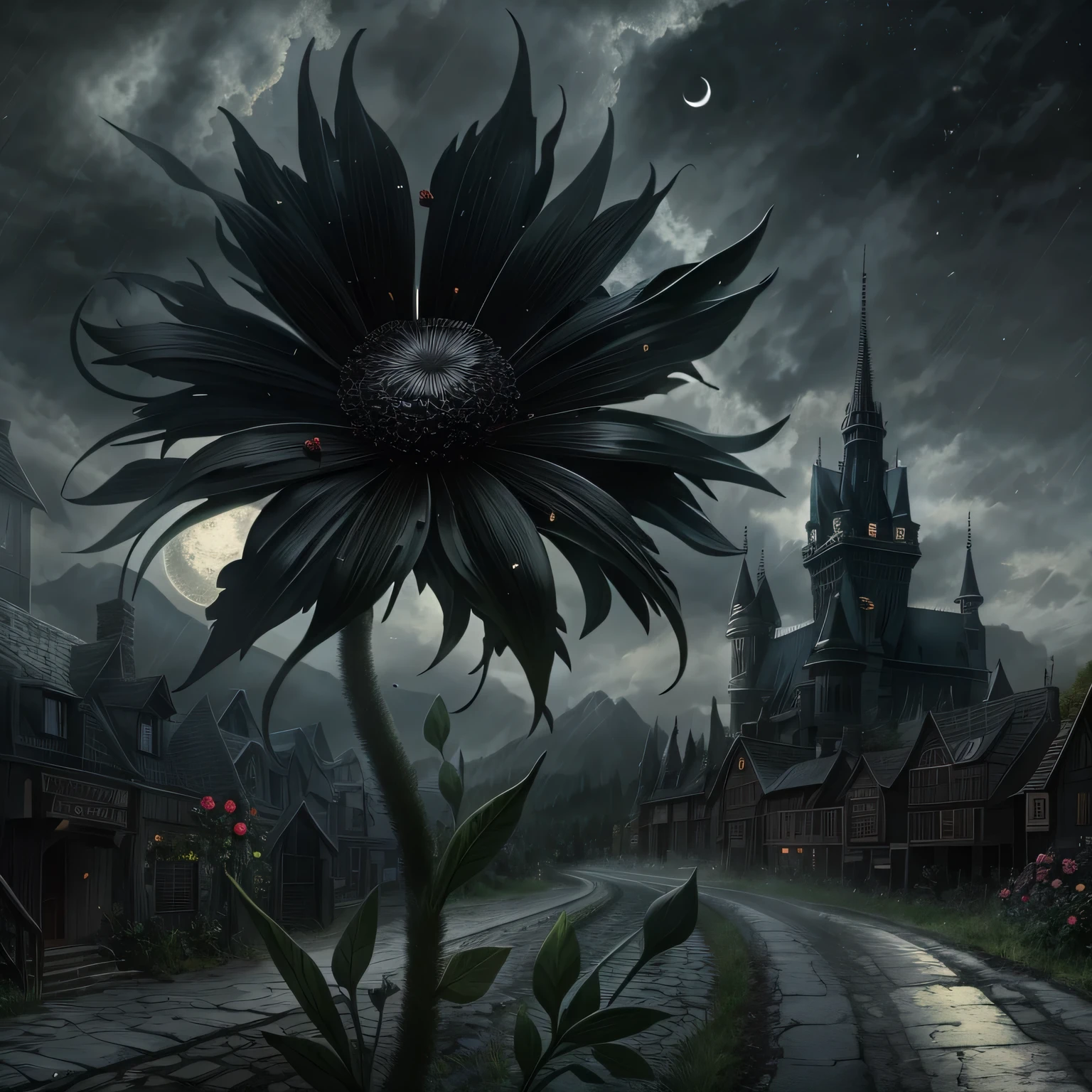 A black flower on the broken road,new moon,town,The light is very dark,gothic style((best quality)), ((intricate details)), (8K)