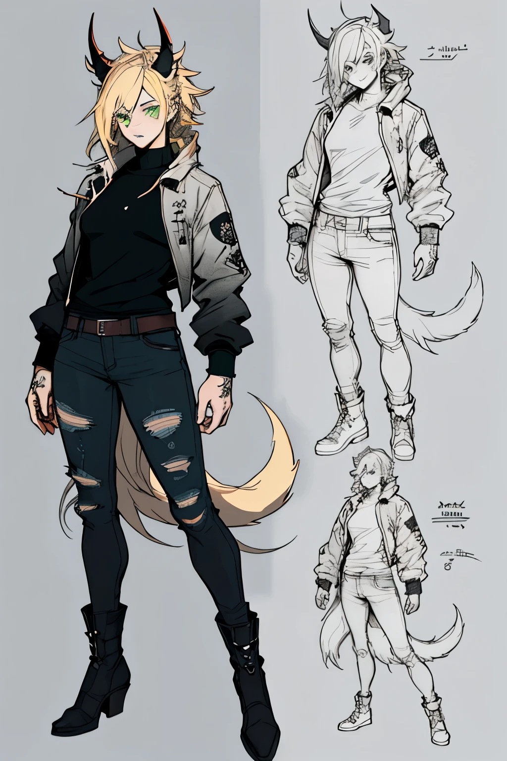 1 girl, Sidecut hair, vi arcane, Sidecut hair, teenager, hyper realistic hands, detailed hyper realistic eyes, rock jacket, jeans, black clothing, blond hair, a caricature of a woman with horns and a dress, long haired humanoid furson, adoptable full body, female furson, female anthropomorphic wolf, single character full body, full body!, full body concept, anime monster girl, furson!!!!, full body!!!, a humanoid mosquito wolf, adoptable character, full body!! sketchbook, hand drawn hand, symbols, dark, bold, realistic sketch, sketch, mixing dark lines and loose lines, bold lines, on paper, turn on character sheet, green eyes, full body, elegant pose, lots of details, stylish outfit, symbols, runes, dark theme, black shirt, beautiful, pretty, modest