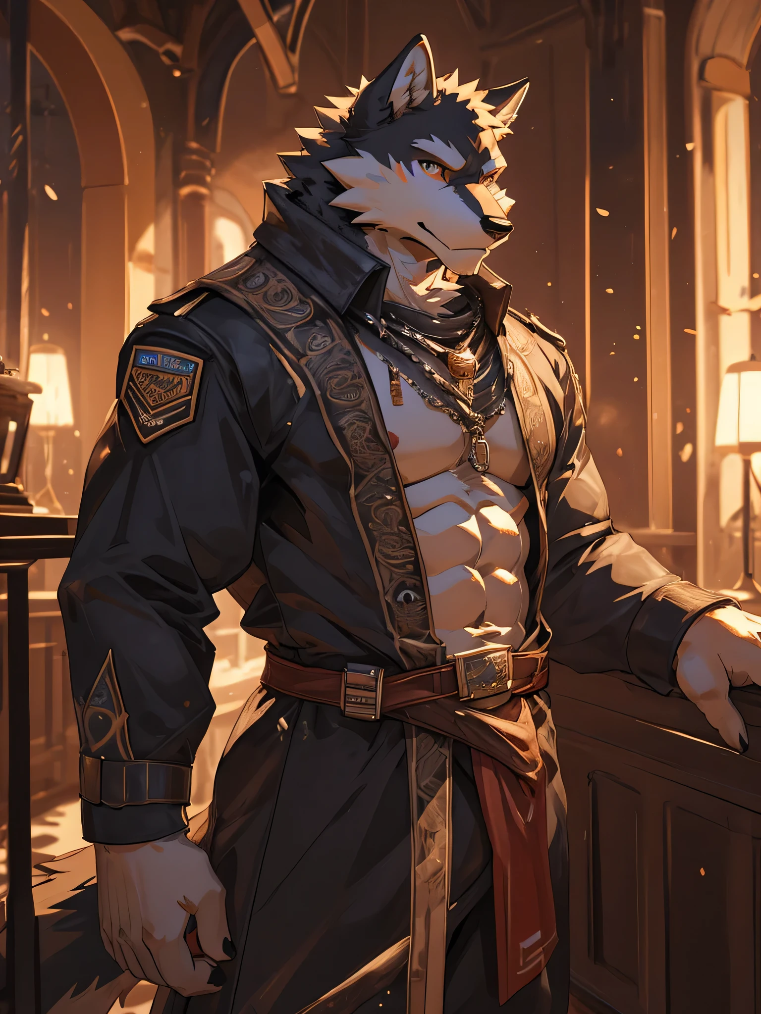 Giant Buff Werewolf Butler, Confident, Golden Eyes, Muscular, Handsome, Charming, View from Below