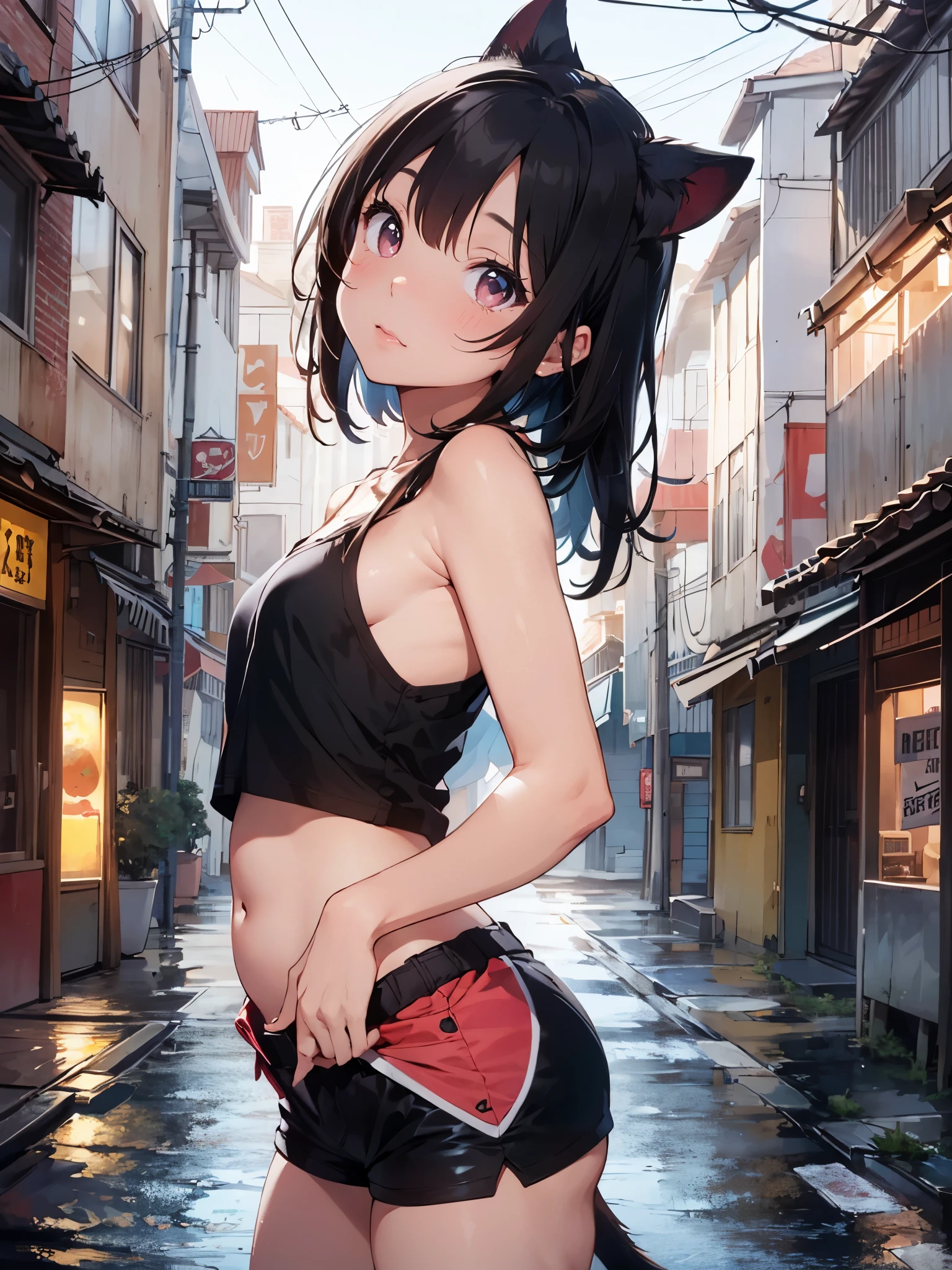(looking at viewer,(from side:1.2),( head tilt:1.65),(leaning_back:1.25)),portrait,backlight,cyberpunk city,(ninja),(cat girl),(()),parted bangs,black hair,pink_eyes,standing,presenting armpit,strapless tank top, navel cutout,shorts,(loli),ngerless gloves,tail,
