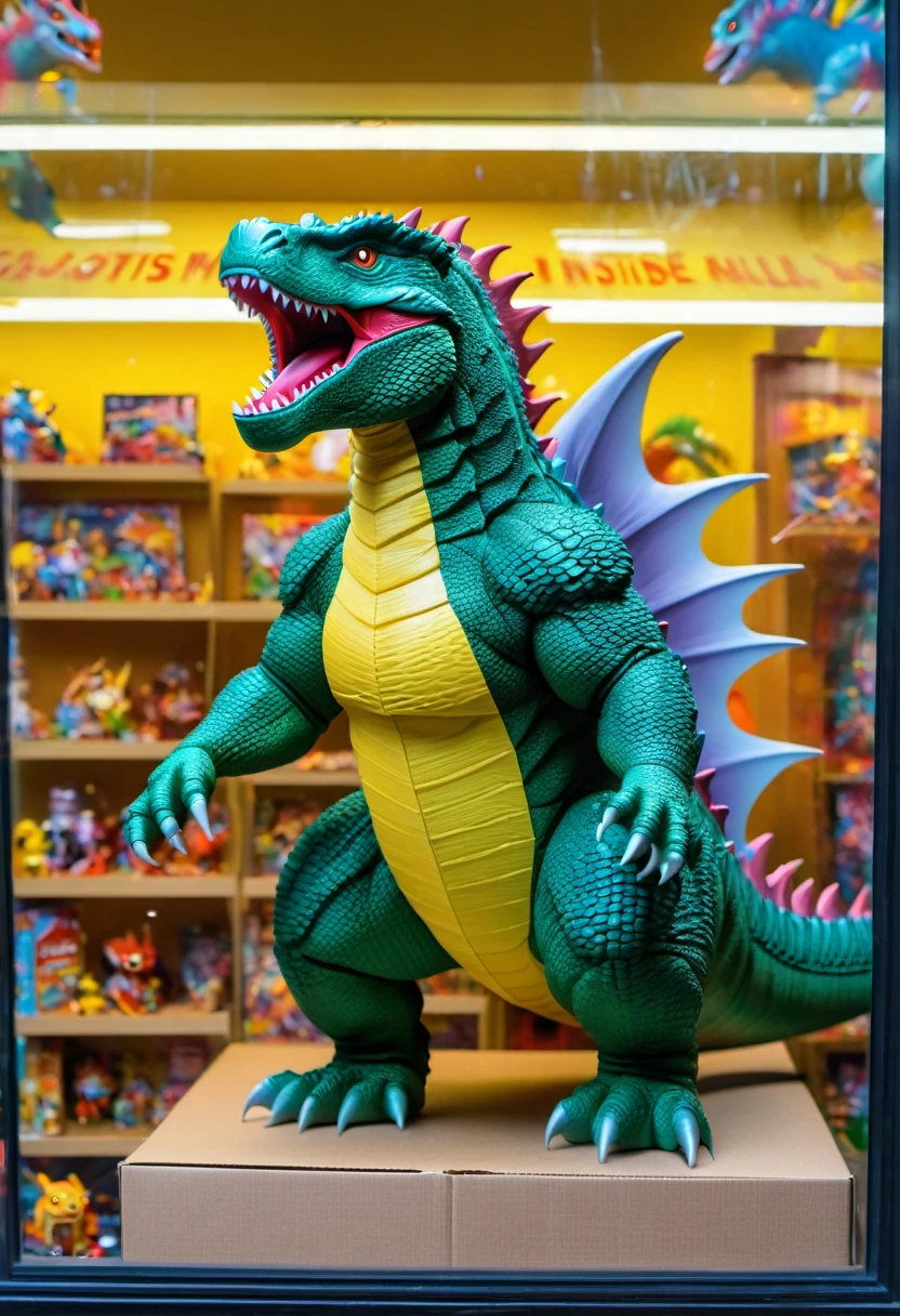 (best quality,4k,8k,highres,masterpiece:1.2),ultra-detailed, gozilla doll inside a box, product for sale, in the window of a toy store,