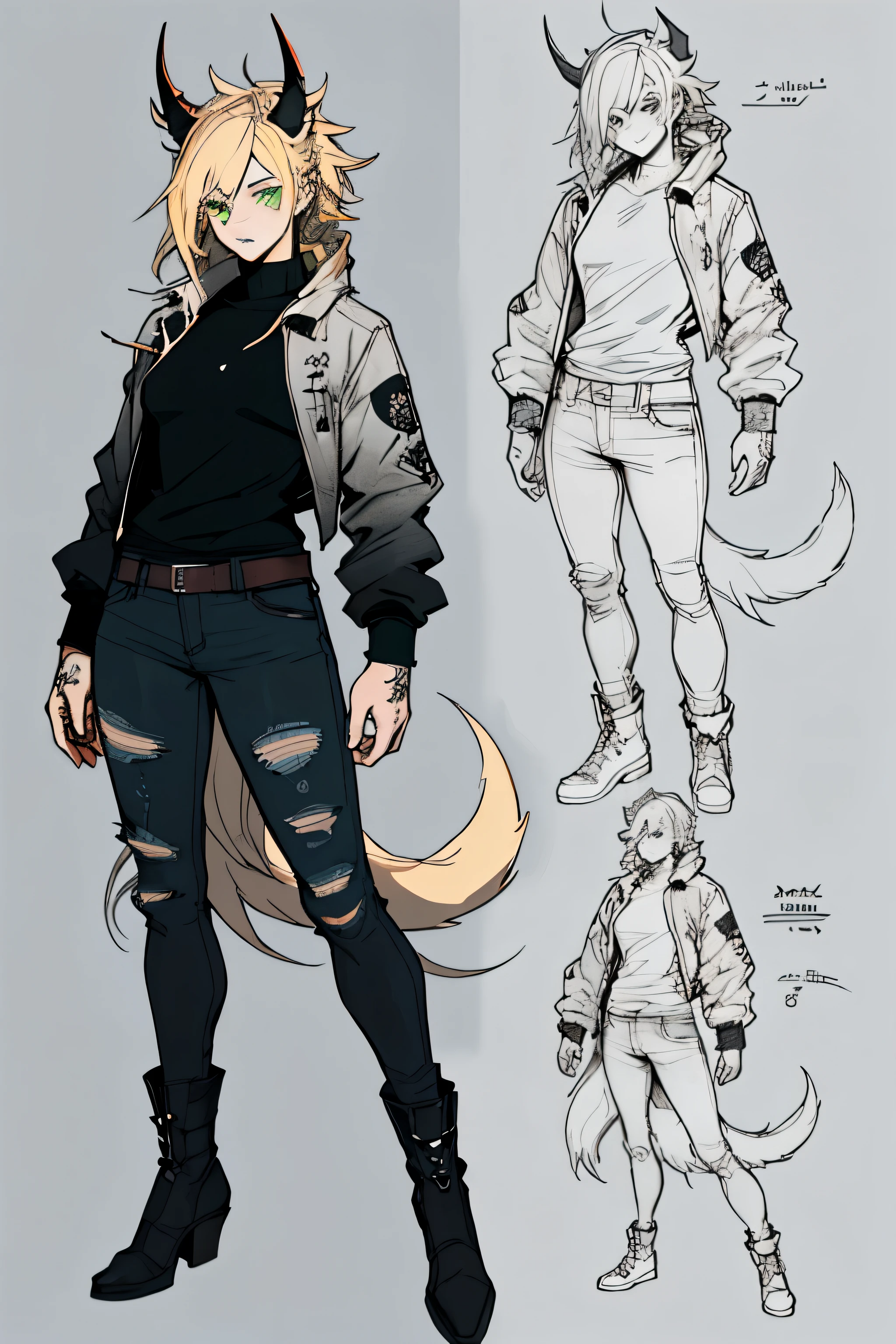 1 girl, Sidecut hair, vi arcane, Sidecut hair, teenager, hyper realistic hands, detailed hyper realistic eyes, rock jacket, jeans, black clothing, blond hair, a caricature of a woman with horns and a dress, long haired humanoid furson, adoptable full body, female furson, female anthropomorphic wolf, single character full body, full body!, full body concept, anime monster girl, furson!!!!, full body!!!, a humanoid mosquito wolf, adoptable character, full body!! sketchbook, hand drawn hand, symbols, dark, bold, realistic sketch, sketch, mixing dark lines and loose lines, bold lines, on paper, turn on character sheet, green eyes, full body, elegant pose, lots of details, stylish outfit, symbols, runes, dark theme, black shirt, beautiful, pretty, modest