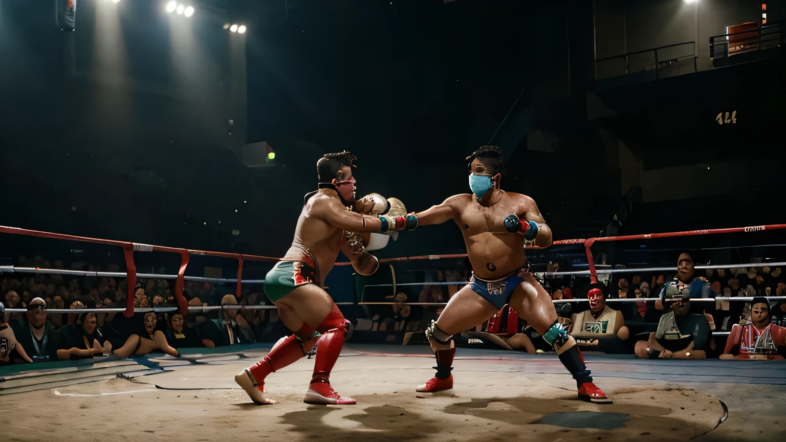 hairy, muscular boxer, has straight black hair on his chest, large flexed biceps, leather red fat big gloves oversized, laces and tapped and has his hands raised in a sign of victory, he is over a boxing ring, he wear small briefs and long boxing boots, use a boxing head gear,  short hair cut, show his hairy armpits, he is on a boxing vintage gym, his opponent are behind him ready to fight, showing his muscles