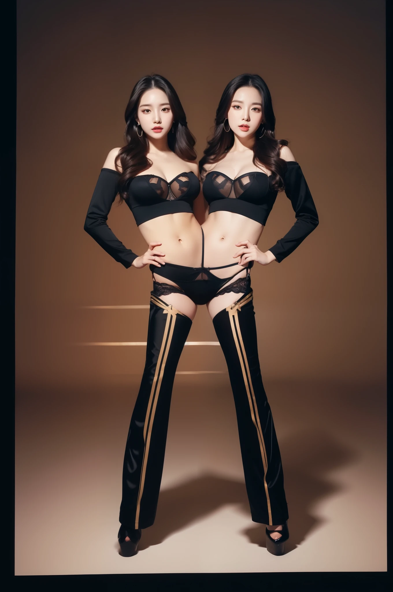 Realistic photo of one cute Korean star, long hair slicked back, white skin, chest size 32 inches, wearing a black crop top, pants, The tower is in the background, upper body portrait, dithering, UHD
