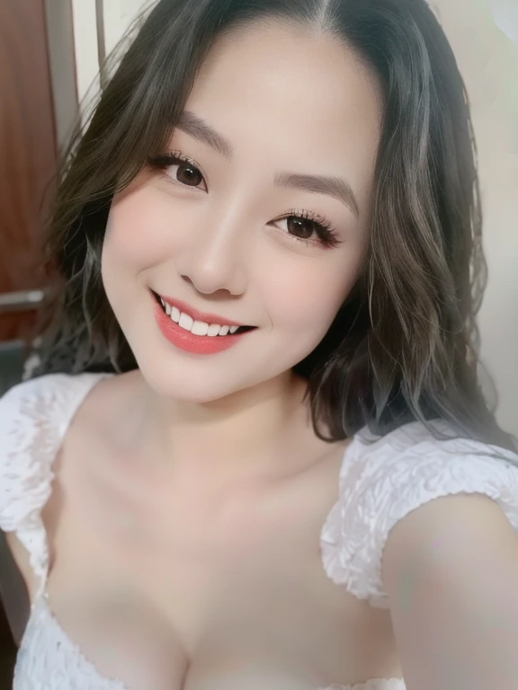 (realistic、masterpiece、Best Quality、8K、highres、high resolution:1.3)、1 girl、Huge breasts、smile, white bikini、pale white skin、looking at viewers、super fine face and eyes、long hair、indoor、 upper body、
