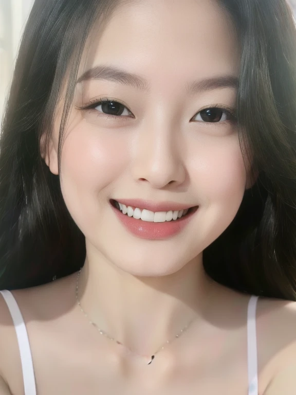 (realistic、masterpiece、Best Quality、8K、highres、high resolution:1.3)、1 girl、Huge breasts、smile, white bikini、smile, pale white skin、looking at viewers、super fine face and eyes、long hair、indoor、 upper body、