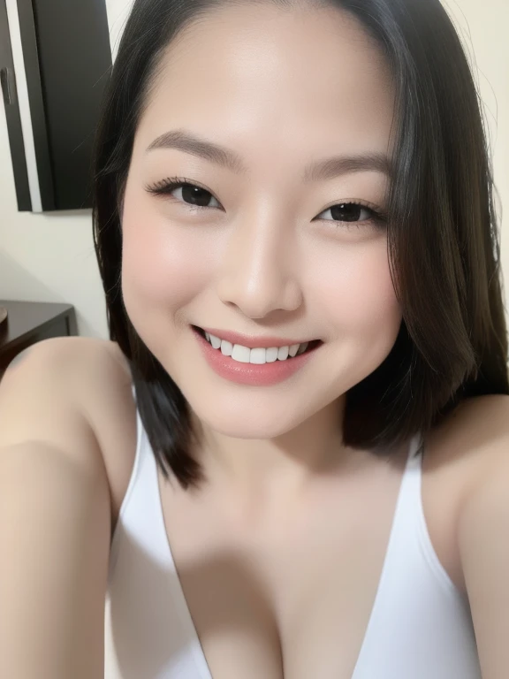 (realistic、masterpiece、Best Quality、8K、highres、high resolution:1.3)、1 girl、Huge breasts、smile, white bikini、smile, pale white skin、looking at viewers、super fine face and eyes、long hair、indoor、 upper body、