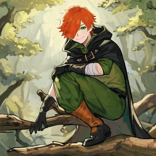 (masterpiece, best quality:1.2), 1boy, bandage over one eye, bandaged arm, bandaged leg, bandages, black cape, blue cape, bush, cape, cloak, collared cape, floating cape, gloves, green cape, green eyes, green pants, green theme, orange hair, hair over one eye, hiding, hood, hood down, hooded cape, hooded cloak, log, looking at viewer, male focus, orange hair, outdoors, pants, path, plantred cloak, road, robin hood \(fate\), short hair, smile, solo,