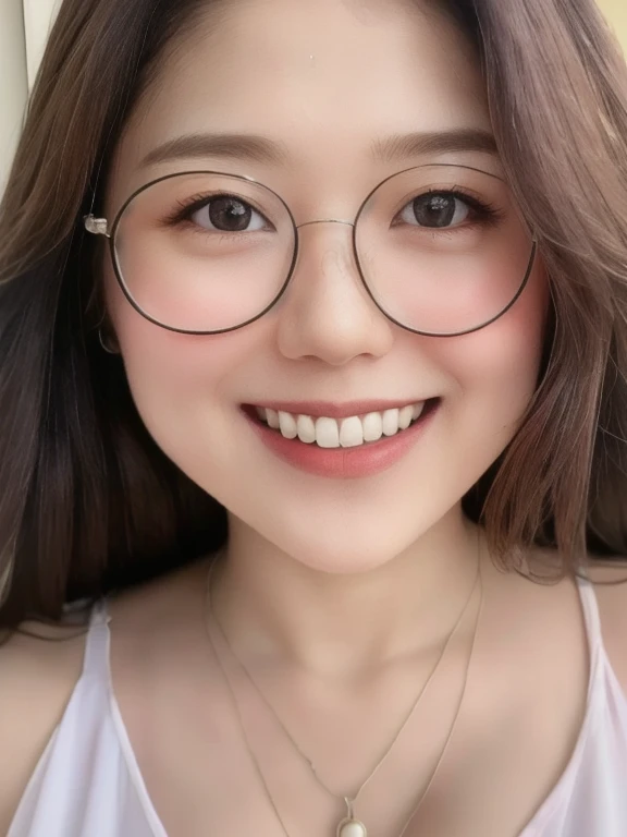 (realistic、masterpiece、Best Quality、8K、highres、high resolution:1.3)、1 glasses girl、smile, Huge breasts、white bikini、pale white skin、looking at viewers、super fine face and eyes、long hair、indoor、 upper body、
