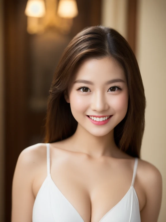 (realistic、masterpiece、Best Quality、8K、highres、high resolution:1.3)、1 girl、smile, Huge breasts、white bikini、pale white skin、looking at viewers、super fine face and eyes、long hair、indoor、 upper body、