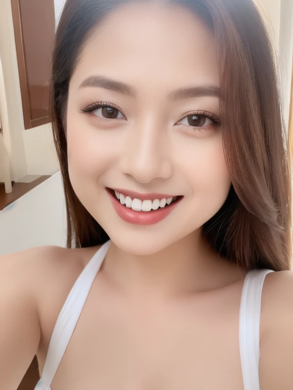 (realistic、masterpiece、Best Quality、8K、highres、high resolution:1.3)、1 girl、Huge breasts、smile, white bikini、pale white skin、looking at viewers、super fine face and eyes、long hair、indoor、 upper body、