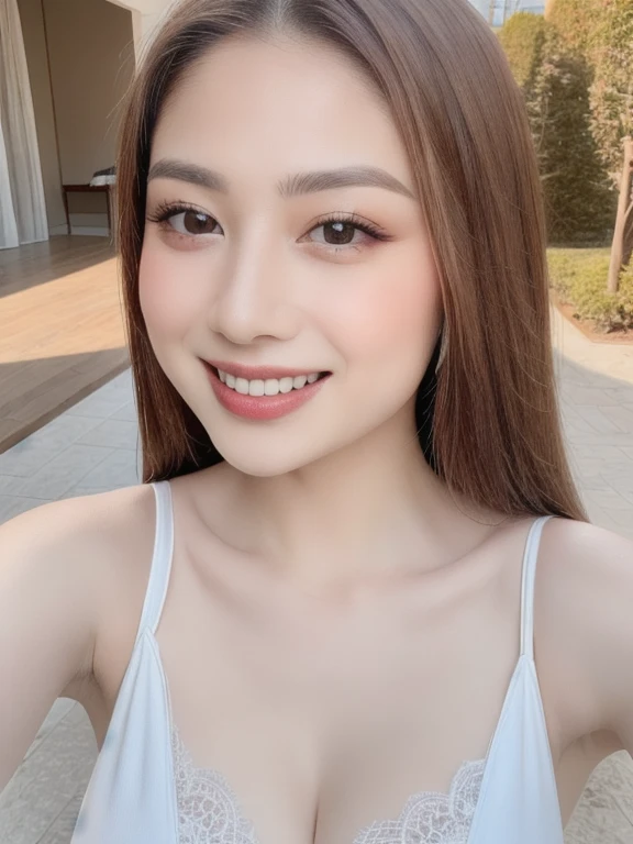 (realistic、masterpiece、Best Quality、8K、highres、high resolution:1.3)、1 girl、Huge breasts、smile, white bikini、pale white skin、looking at viewers、super fine face and eyes、long hair、indoor、 upper body、