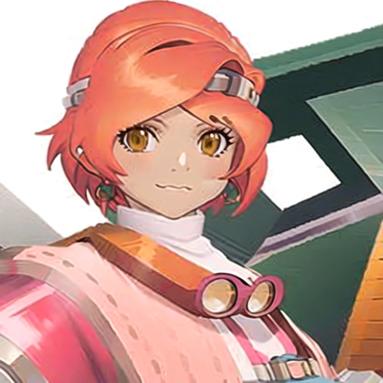 (masterpiece, best quality:1.2,pure white background,2d,anime style),1girl,solo,luca \(final fantasy\),closed mouth,earrings,goggles around the neck,looking at viewer,pink hair,short hair,yellow eyes,smile