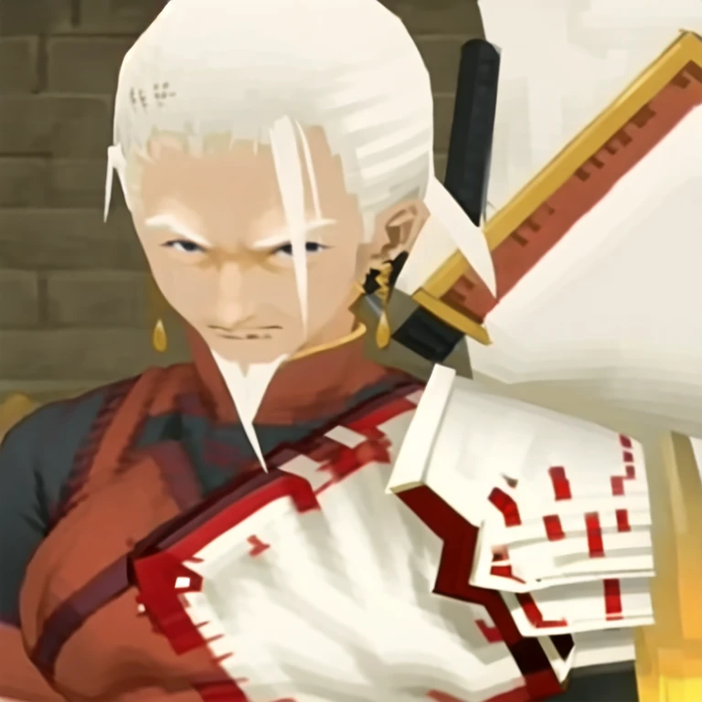 (masterpiece, best quality:1.2,pure white background,2d,anime style),1boy,solo,zangetsu \(final fantasy\),black eyes,white hair,looking at viewer,smile,earrings