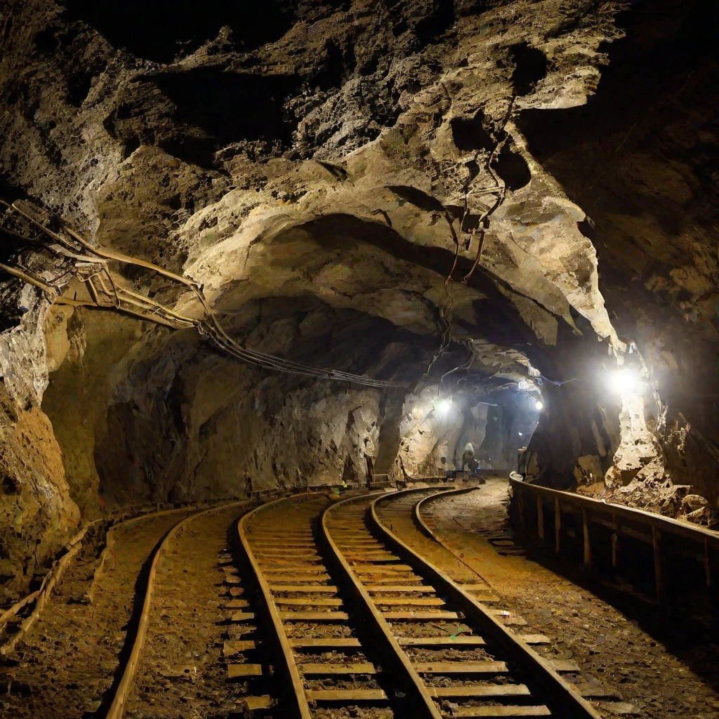 (masterpiece, best quality:1.2), mine, cave, rails, lamps, cave, RAW, tunnel