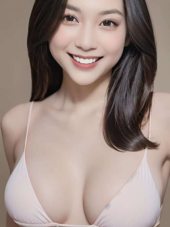 (realistic、masterpiece、Best Quality、8K、highres、high resolution:1.3)、1 girl、Huge breasts、smile、white bikini、pale white skin、looking at viewers、super fine face and eyes、long hair、indoor、 upper body、