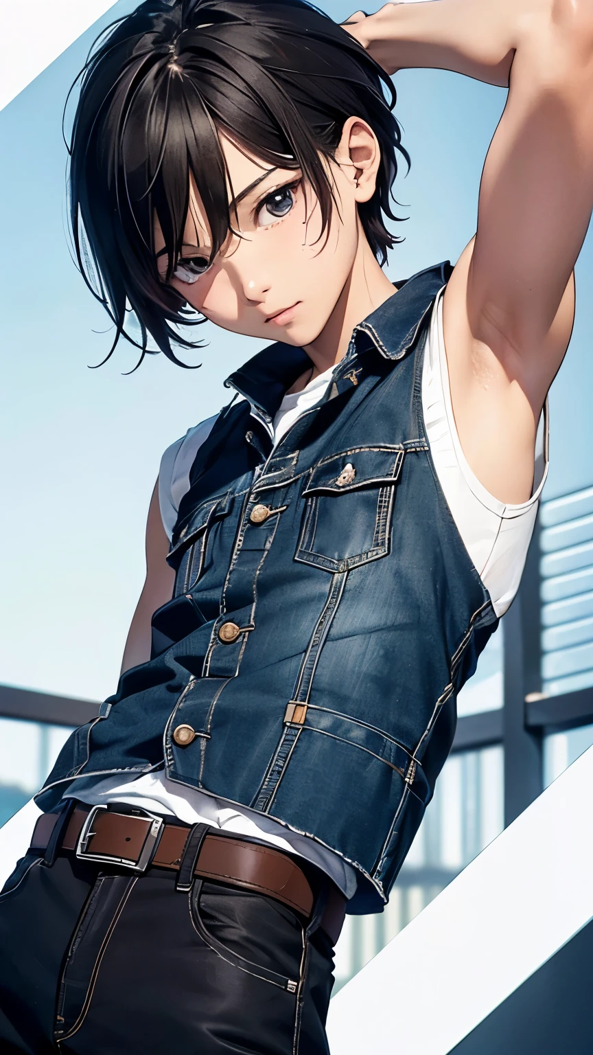 highres,Masterpiece， Best quality at best,Best Quality,hight quality, hight detailed, realistic, photorealistic, Anime style, 1boy, Little Boy, Shota, Simple beckground, Adorable boy, Cute boy, Cheerful boy, Sleeveless vest, Belt, (showing armpit, Smooth armpit), boy focus, Uhd, 4k