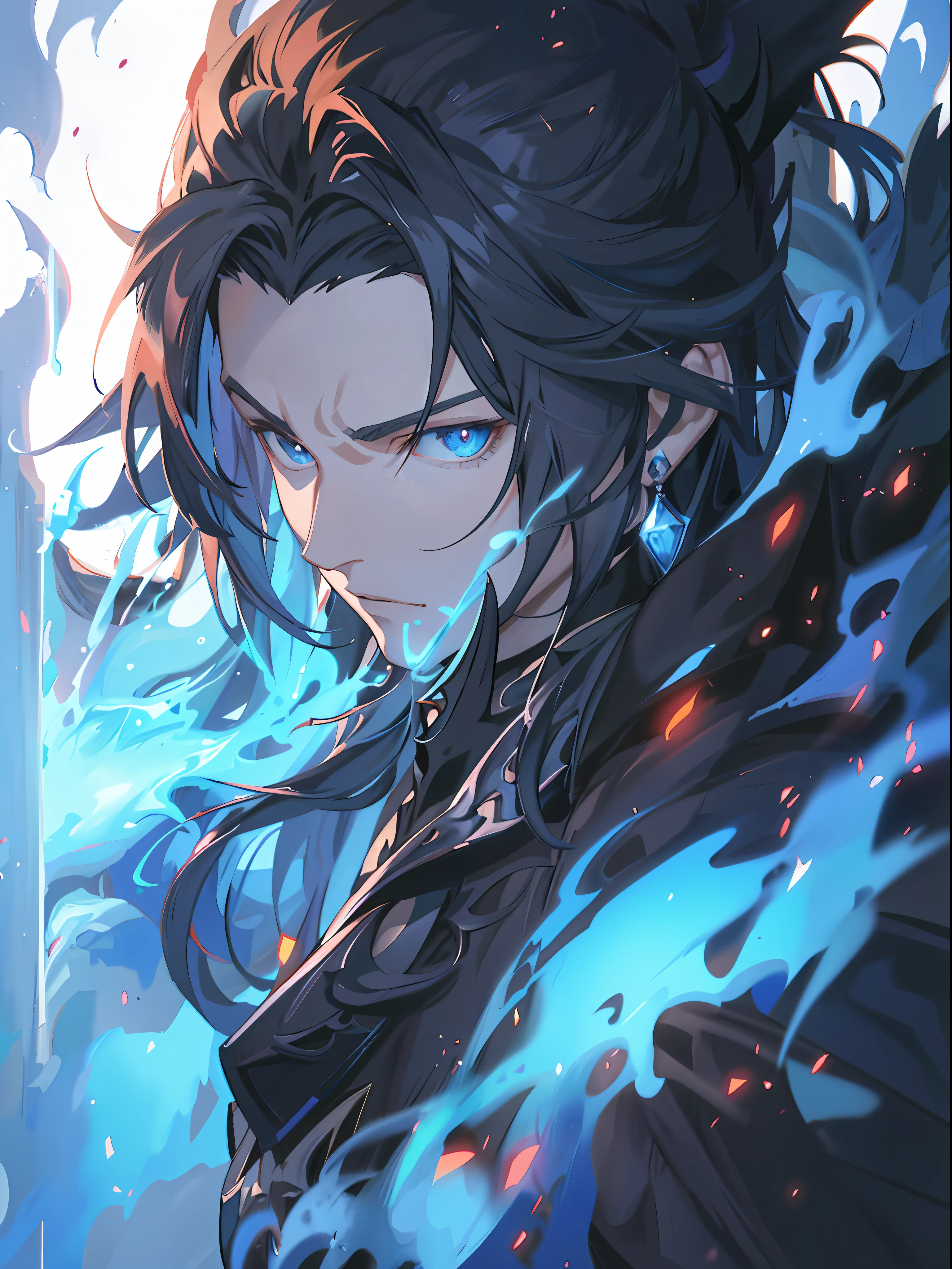 Anime - style image of a man with blue eyes and a black coat, handsome guy in demon slayer art, Detailed digital animation art, Kiking from Genshin Impact, Badass anime 8k, Granblue Fantasy, Anime art wallpaper 4k, By Yang J, Anime art wallpaper 4k, Demon Slayer art style, Anime art wallpaper 8k, demon slayer rui fanart