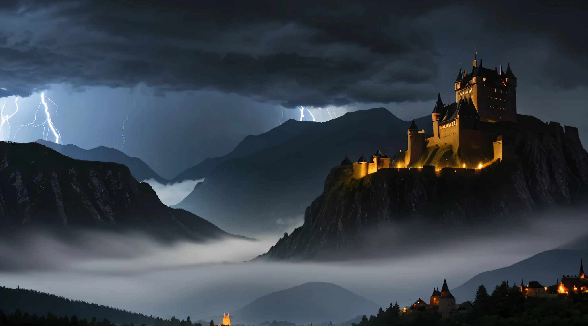 Fantasy medieval castle storm coming in the mountains, dark clouds overhead, dark, Lightning strikes distant mountains, Small village under the big castle, There is a black humanoid flying spirit in the sky，violent storm