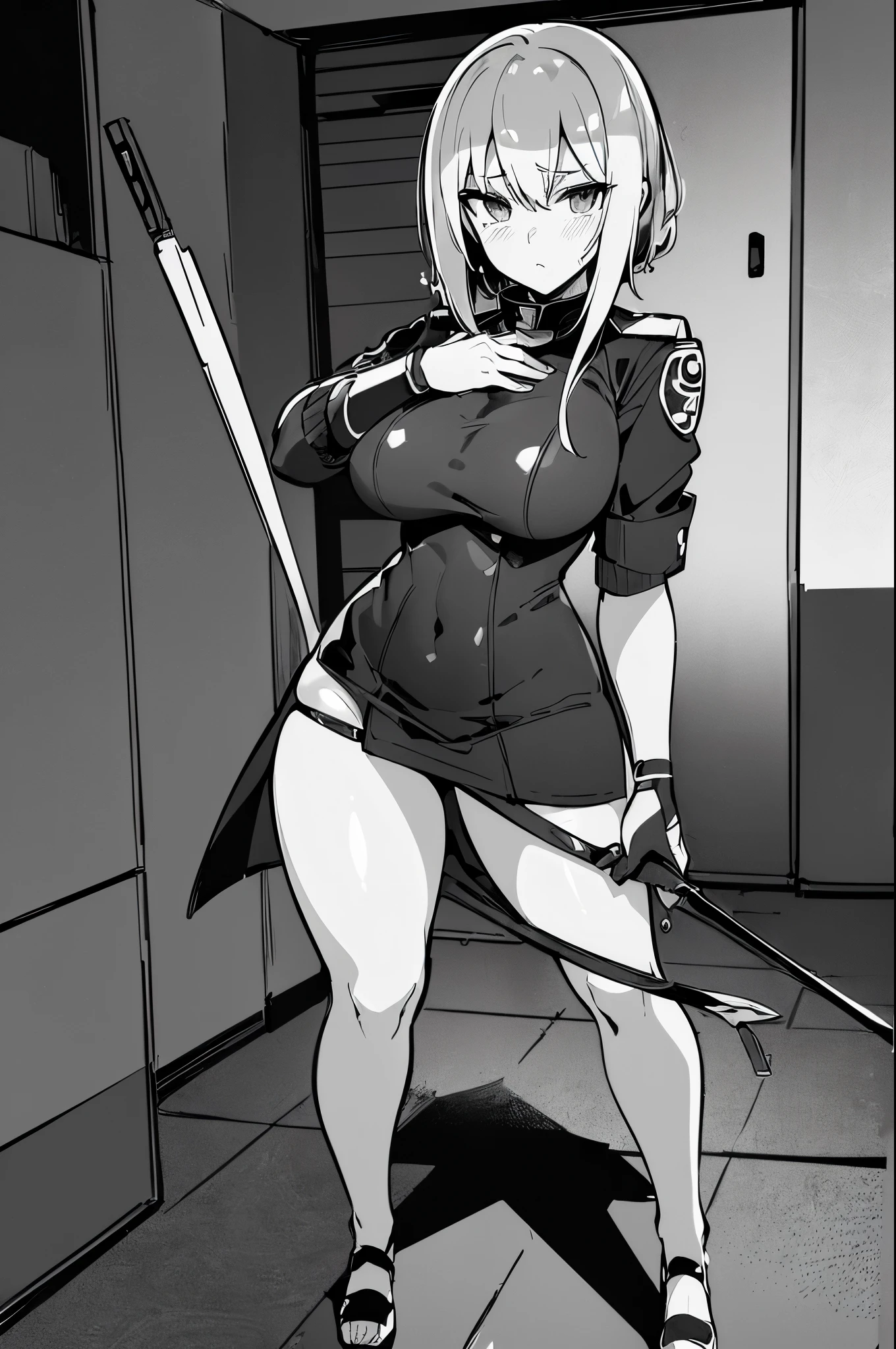 (((Epic, Masterwork, High Detail, Anime Illustratoion))), Black and white Line drawing (in an Anime Style),Epic sexy Detail, Variable Line art, Clean line art, HD 4k, No color,(sexy female combat Medic) Working in a High tech room, ((Full body)), ((standing))