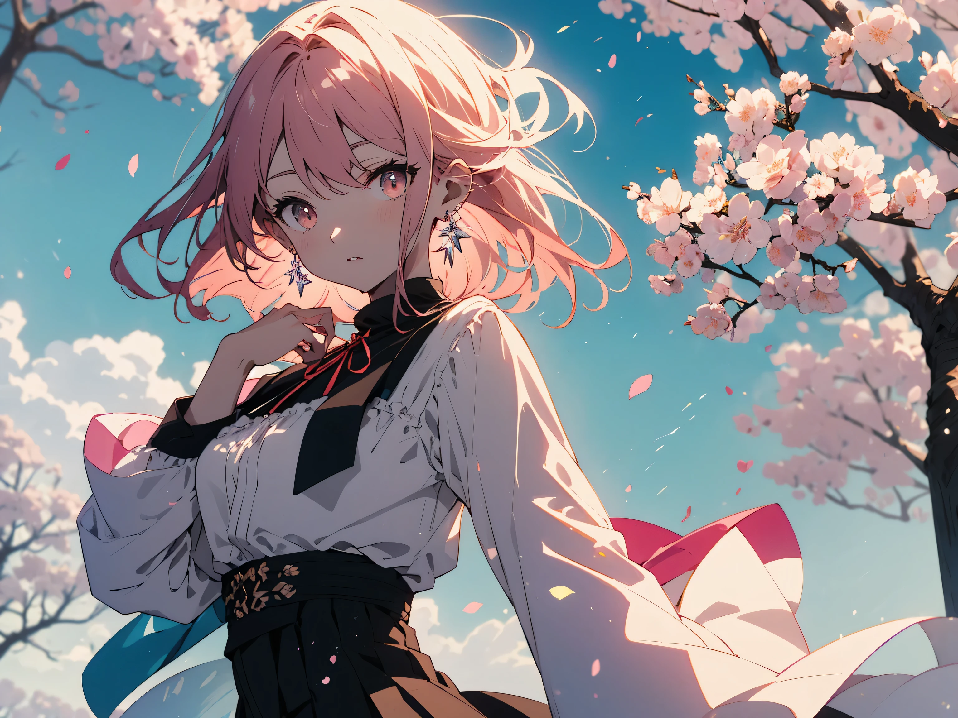 (masterpiece),(highest quality:1.0), (超High resolution:1.0), (Shining eyes、detailed beautiful face)、be familiar with illustration, 8K, anime, (1 girl),(casual dress、spring fashion)、(Blouse with white ruffles、lime green pleated skirt) 、beautiful anime, cute pose, cute face, be familiar with face, beautiful eyes, dark red eyes, be familiar with eyes, red lips, red lipstick, little brown hair, (pink flowers in ears,earrings)、 (white ankle short boots)、hair highlights, Are standing, Cherry blossoms are blooming on the tree behind me, blue sky with clouds, be familiar with, Complex, anime style, highly be familiar with、(whole body)、(highest quality、masterpiece、High resolution、detailed)、(beautiful anime)