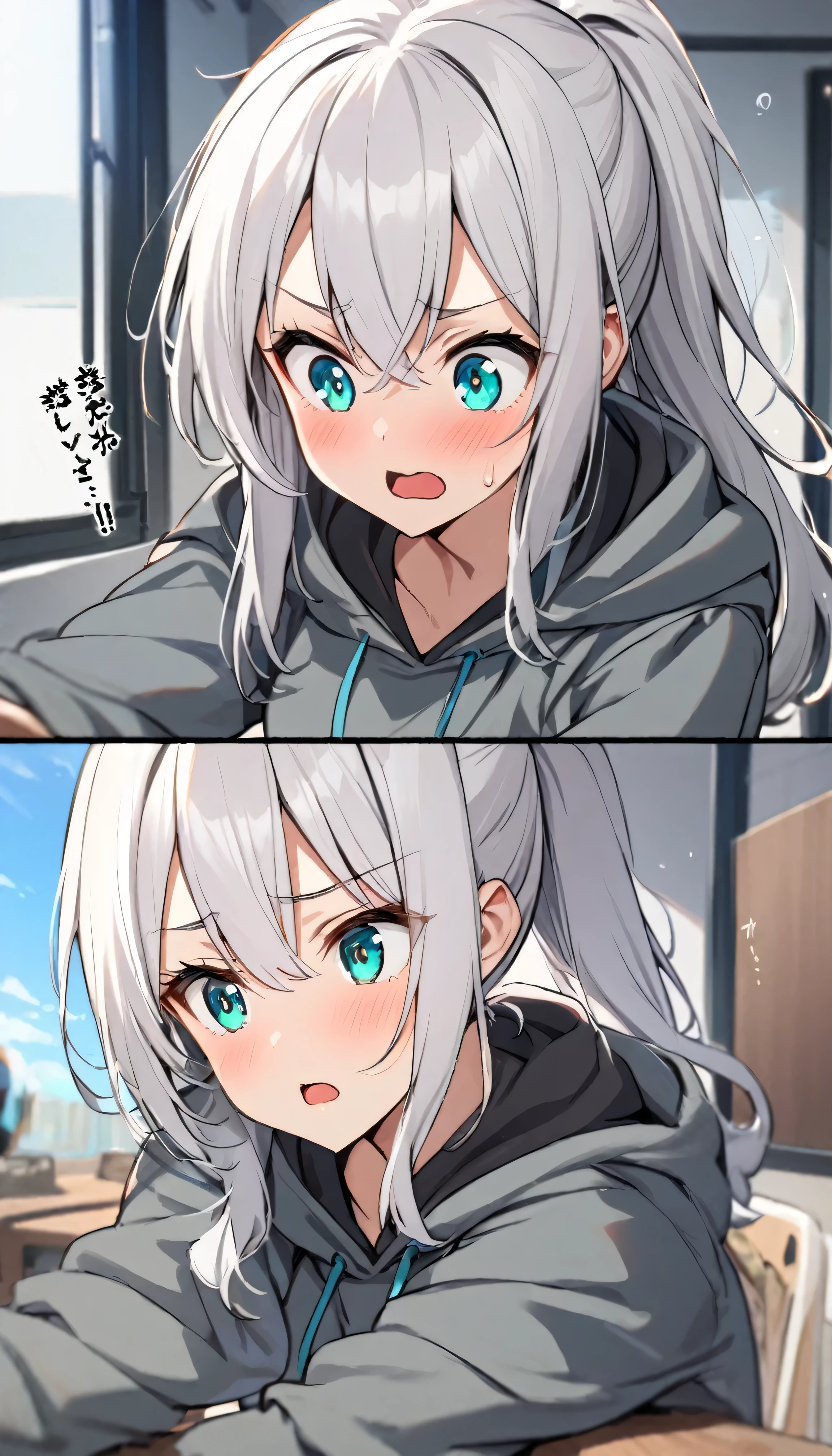 1girl、white hair、ponytail、bright aqua eyes、gray hoodie、bust-up