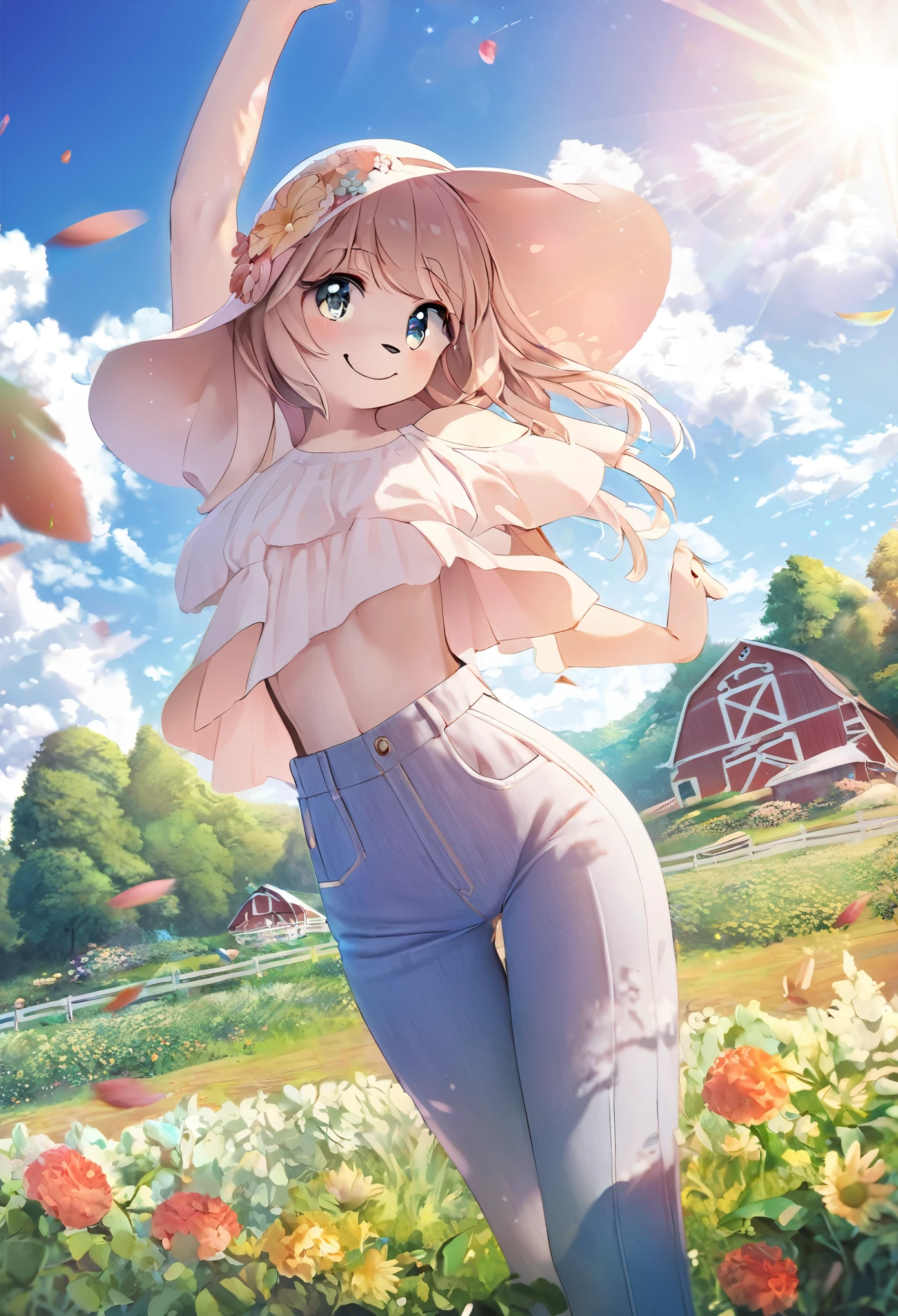 anime key visual, highres, High-quality illustrations, unparalleled masterpiece(movie of life)nature inspired imagery, romanticized views, lively illustrations, whimsical cartoonish, farm, Blue sky, clouds, florals Beautiful garden(furry anthro, solo, girl, casual fashion, Relux pose, Smile)absurdres, perfect anatomy, caustics, cinematic lighting, lens flare, deep shadow, dynamic angle,