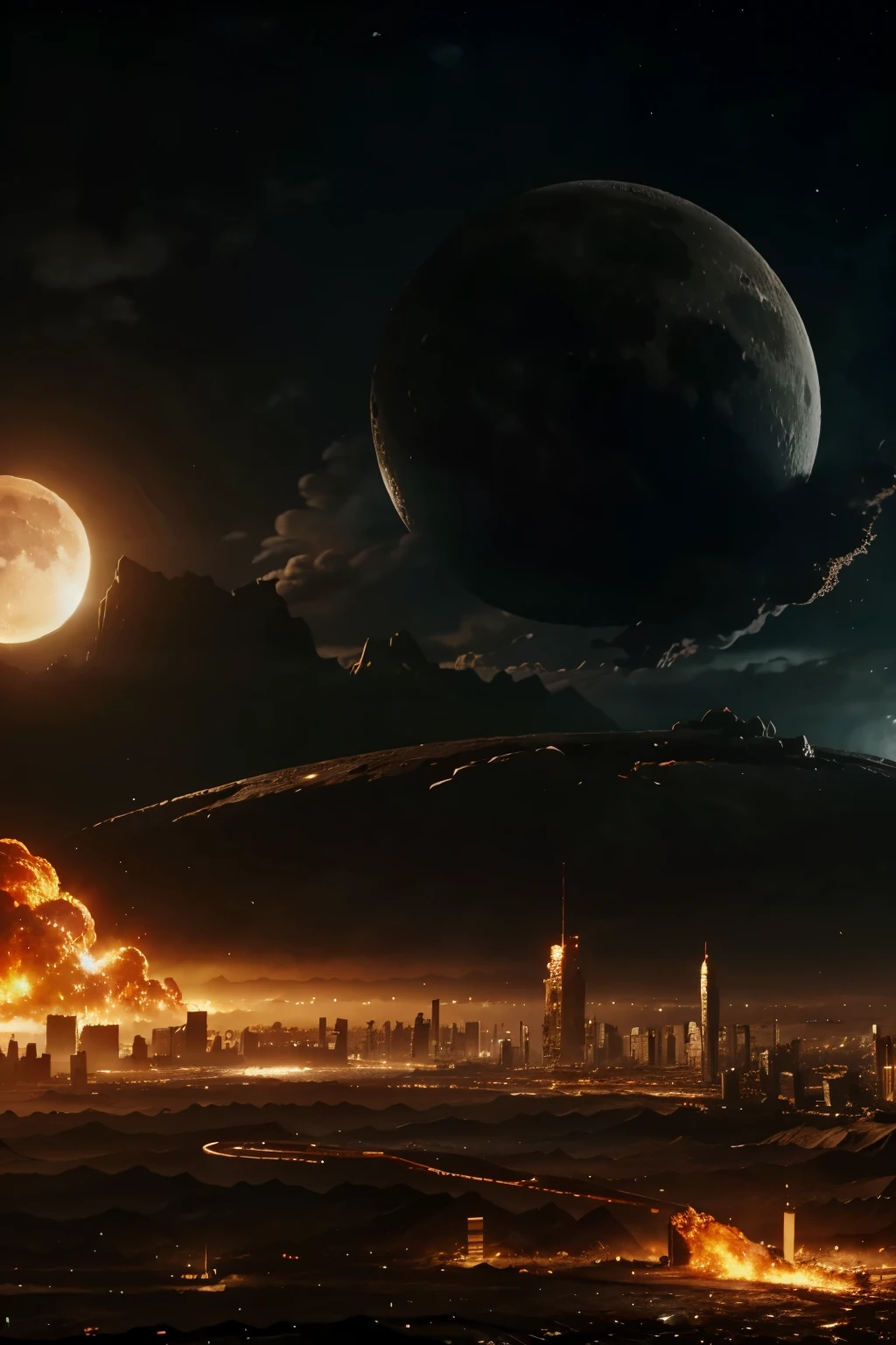 destroyed moon earth on fire galaxy dystopian futuristic city burning 4k high resolution realistic