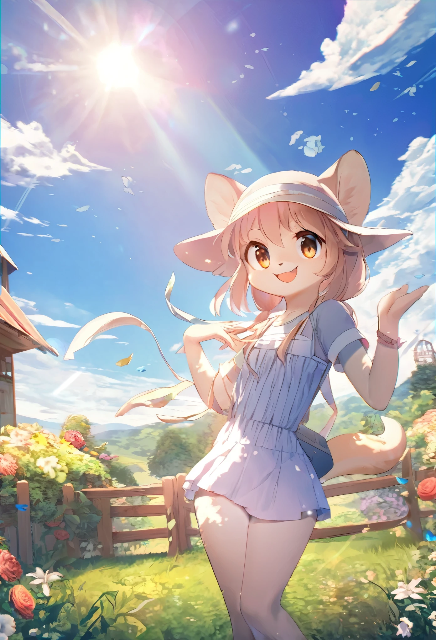 anime key visual, highres, High-quality illustrations, unparalleled masterpiece(movie of life)nature inspired imagery, romanticized views, lively illustrations, whimsical cartoonish, farm, Blue sky, clouds, florals Beautiful garden(furry anthro, solo, girl, casual fashion, Relux pose, Smile)absurdres, perfect anatomy, caustics, cinematic lighting, lens flare, deep shadow, dynamic angle,