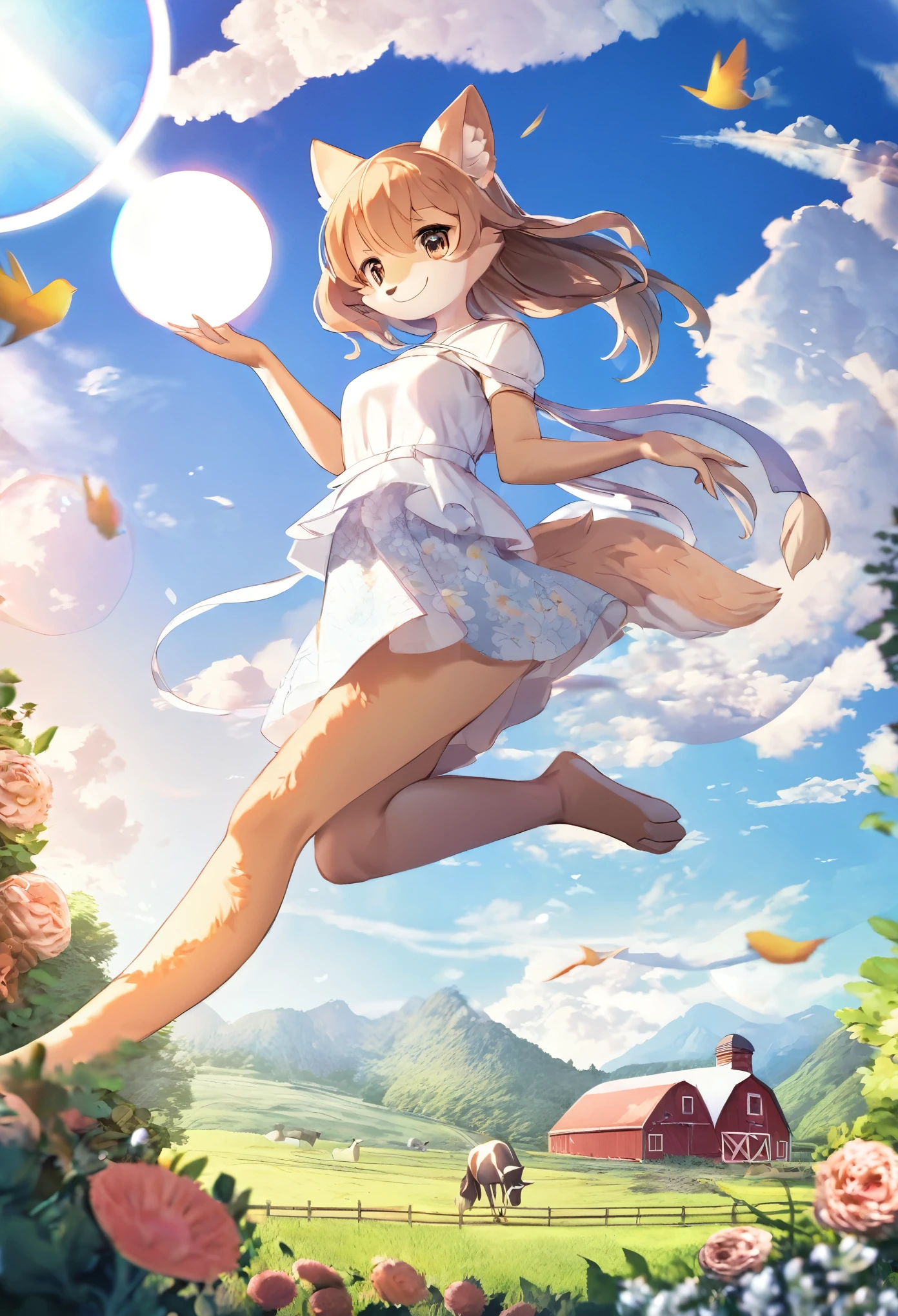 anime key visual, highres, High-quality illustrations, unparalleled masterpiece(movie of life)nature inspired imagery, romanticized views, lively illustrations, whimsical cartoonish, farm, Blue sky, clouds, florals Beautiful garden(furry anthro, solo, girl, casual fashion, Relux pose, Smile)absurdres, perfect anatomy, caustics, cinematic lighting, lens flare, deep shadow, dynamic angle,