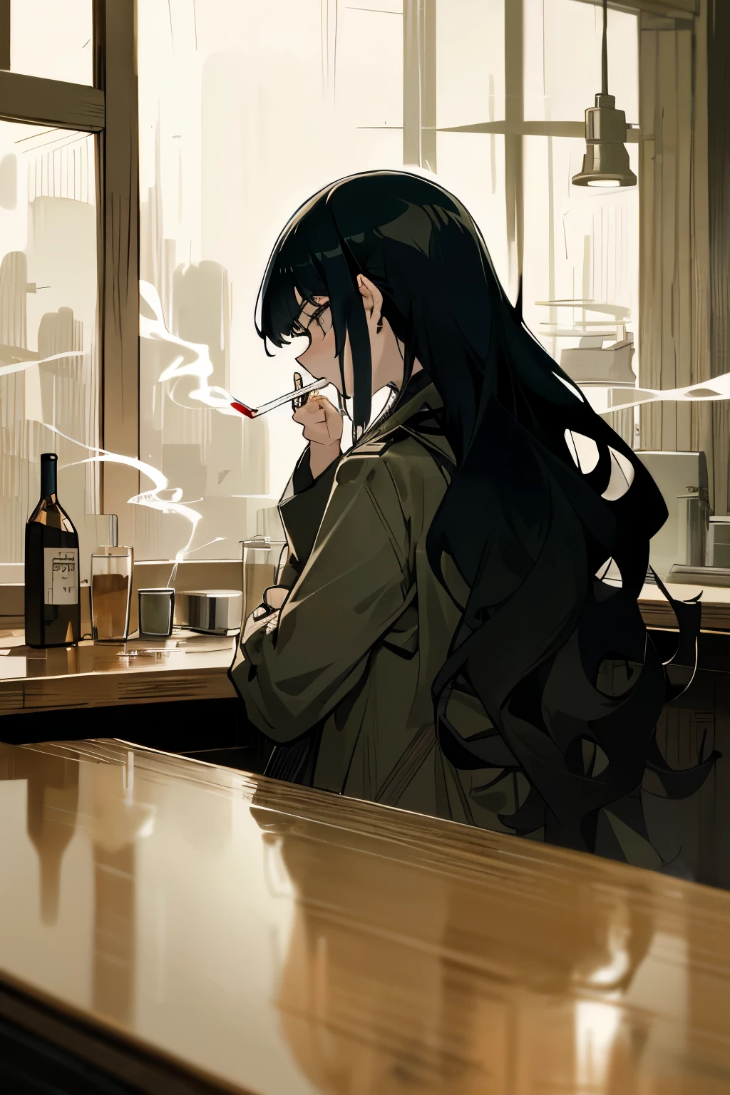 a woman with long hair and a cigarette in her mouth