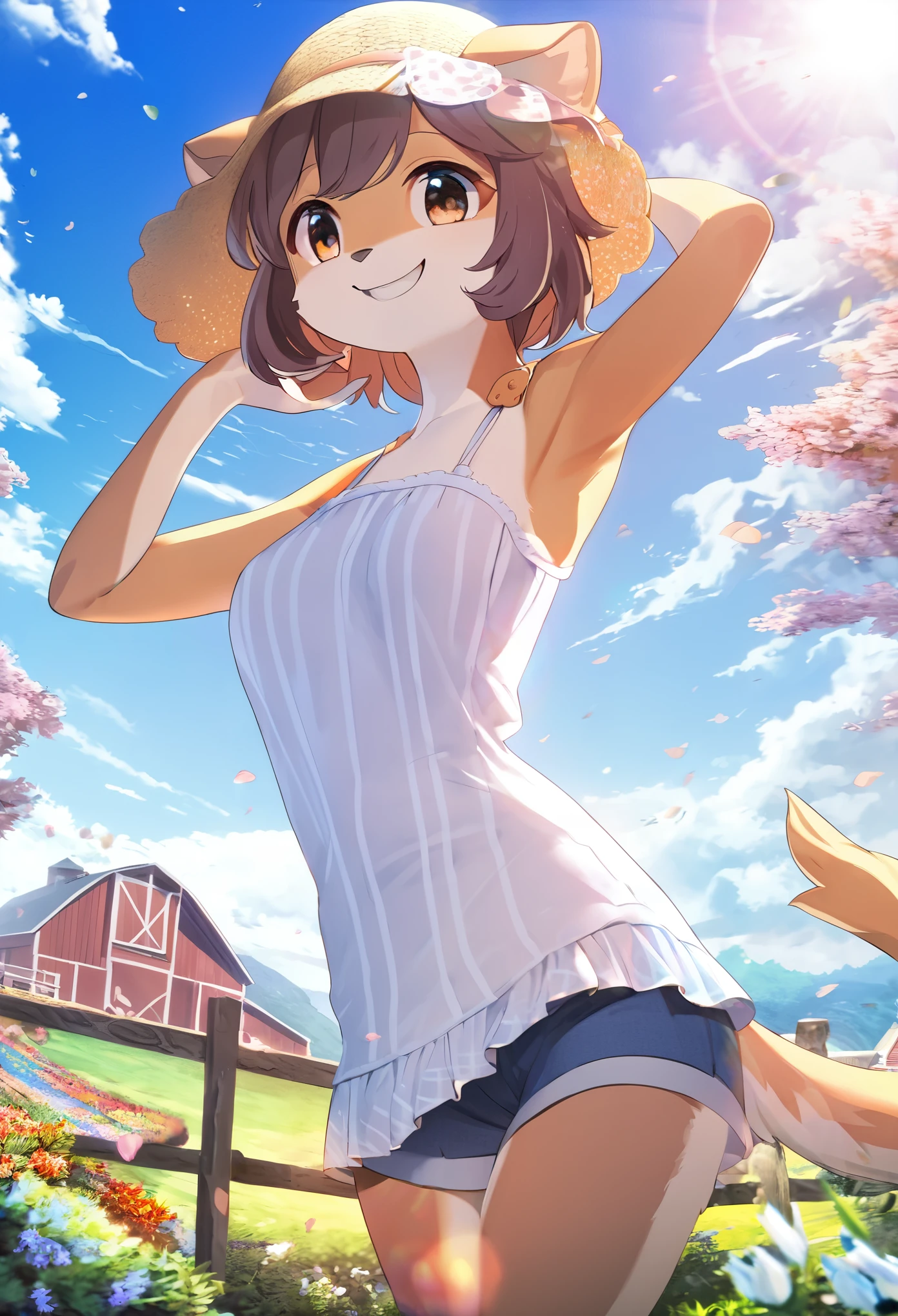 ((Inugami korone)), ((masterpiece)), wide shot, (Professional Photography:1.2), summer sky, (cumulonimbus), sunflower, (slightly exposed cute stomach), sweaty, Tightly-fitting small white-camisole, very shy and blush, Textured skin, put on dog ears, Pale brown hair, (hand touch on hip)