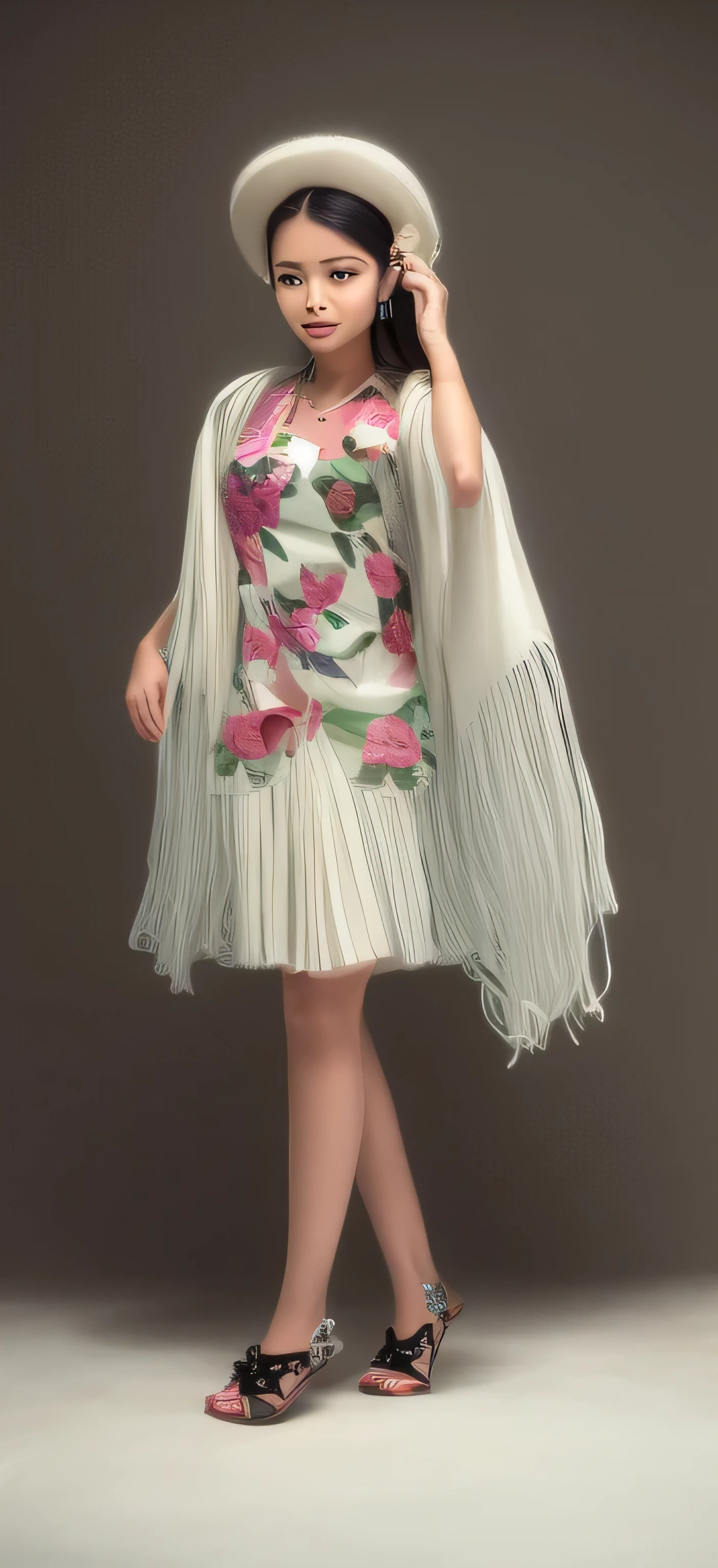 White floral blouse. pleated model skirt, white poncho. Chapaca
girl