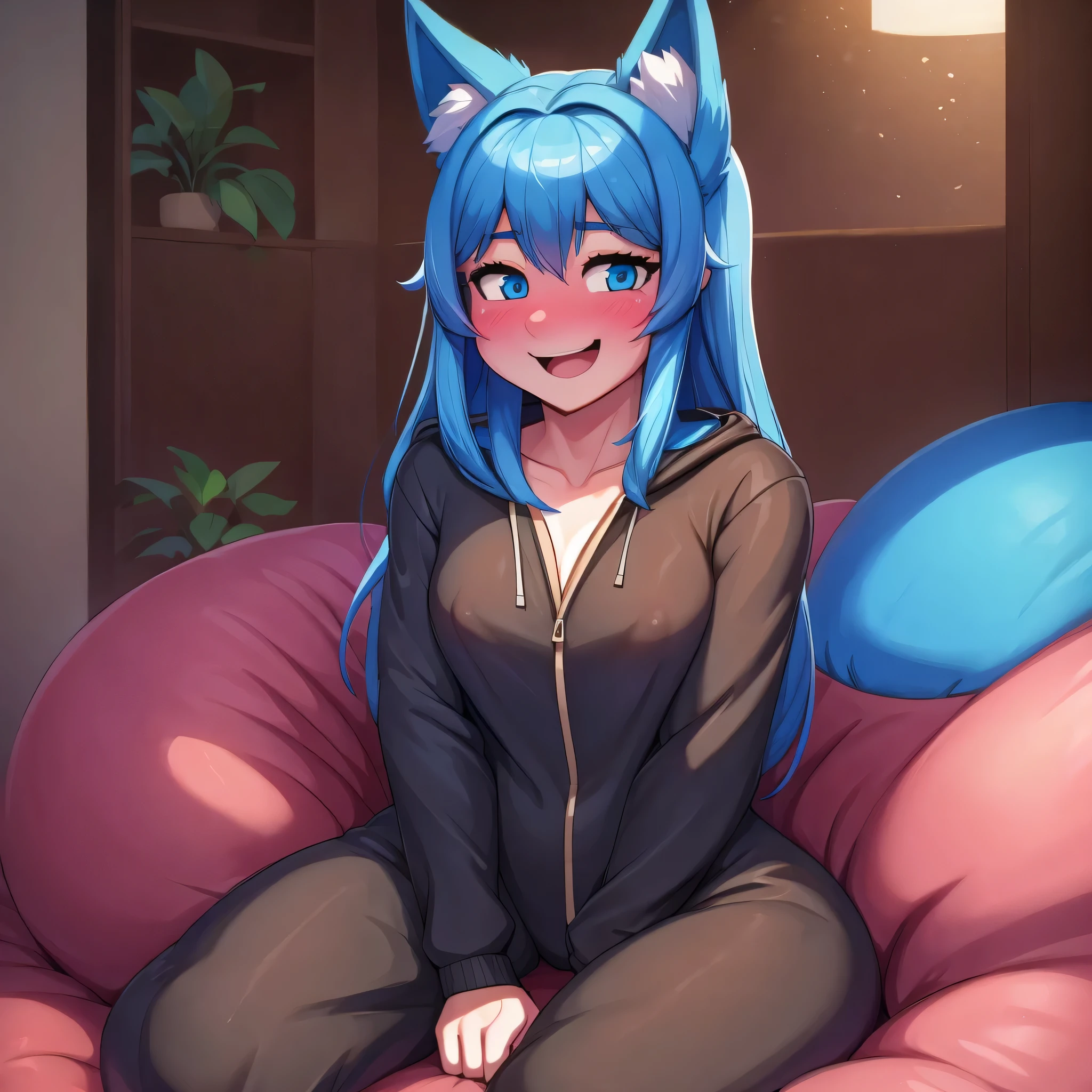 (Masterpiece) (High Detail) (High Res) A close up of A Short Humanoid Girl with pale human skin and blue eyes and long blue straight hair and blue dog ears and a fluffy blue dog tail and small/medium breasts. She is sat on a large beanbag chair and is wearing a full-body black onesie. She is blushing. She looks happy.