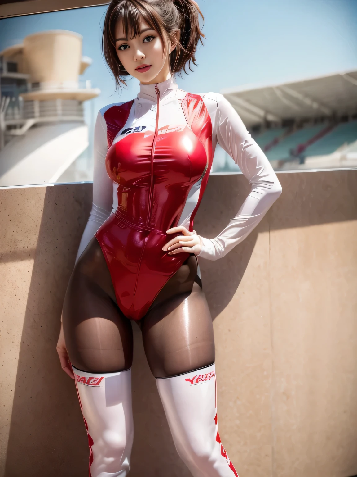 Alafi in a red latex suit posing for photo, Atsuko Kudo wearing latex costume, tight clothing, Cute girl in a tank suit, yoko matsugane as mai shiranui, wearing a tight suit, fitted suit, wear latex, Alyona Aenami and Artgerm, cosplay, full-cosplay, latex shiny