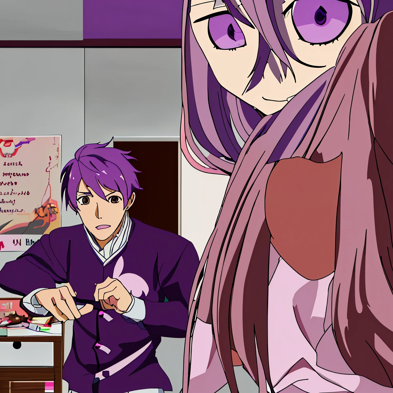 
monika (doki doki literature club) and a purple haired boy with brown eyes.