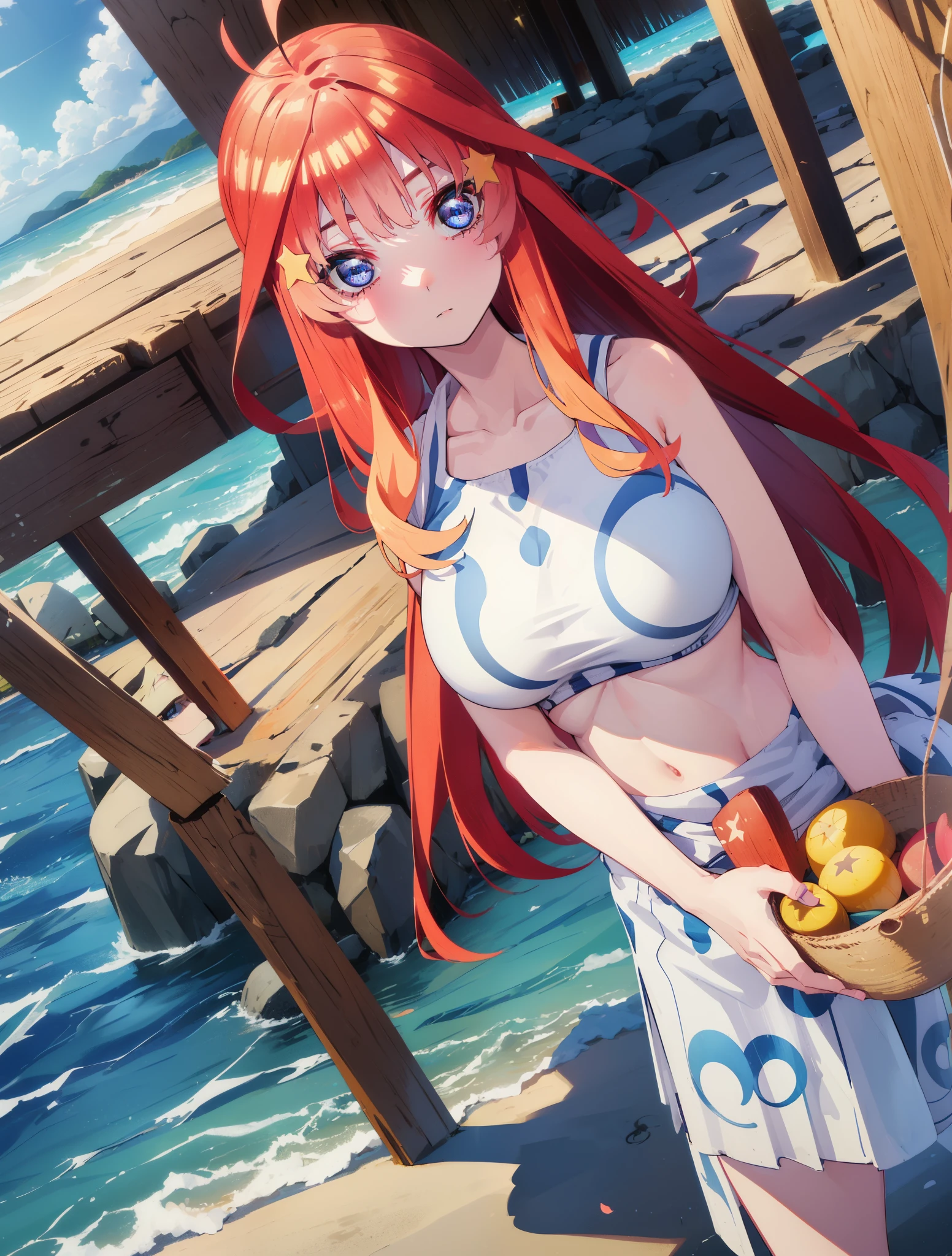 itsukinakano, itsuki nakano, bangs, blue eyes, hair between eyes, Ahoge, redhead, star \(symbol\), hair ornaments, star hair ornaments,big straw hat,red bikini,bare belly, (beach salon),  (beautiful big breasts:1.3), ((salon)), beach outfit,real summer,Palm tree,
break outdoors, beach,
break looking at viewer, (cowboy shot:1.5),
break (masterpiece:1.2), highest quality, High resolution, unity 8k wallpaper, (shape:0.8), (fine and beautiful eyes:1.6), highly detailed face, perfect lighting, Very detailed CG, (perfect hands, perfect anatomy),