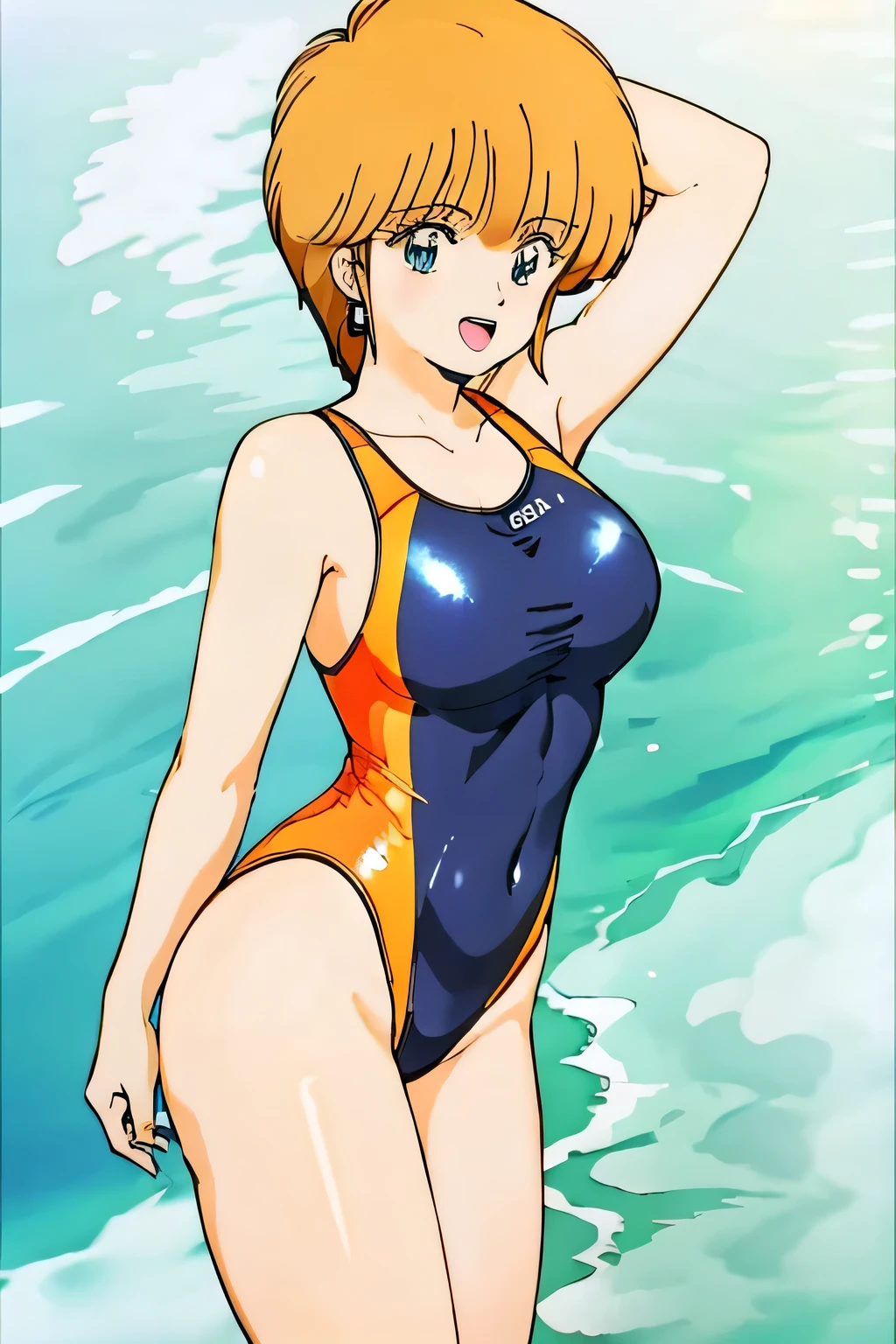 anime girl, am ural female, beautiful girl, alone, girl in swimsuit, very long blonde girl, r in ing:safe, one piece swimsuit, anime girl in black and orange tank suit, black Anime girl in gold tank suit with black and orange high-leg racing swimsuit, black and gold high-leg racing swimsuit, huge tits, woman with very large breasts, outfit: high-cut swimsuit, shiny, blue Girl with eyes, shiny clothes, competitive swimming suit, gray background,, open mouth, flyback, shiny skin, covered navel, cowboy shot, smile , thigh_gap, shiny_hair, competitive swimsuit, high-leg competitive swimsuit, looking_in_viewer, ;d, simple_background, collarbone, blush, standing anime girl, earrings, in anime Best girls, guweietailed digital anime art style artwork, perfect body with shading, realistic anime 3d style, beautiful and tractive anime girl, realistic anime art style, perfect body with realistic shading,