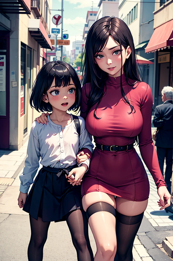 On the bustling street, an incredibly beautiful 33-year-old prostitute mother walks hand in hand with her innocent and tender 8-year-old daughter. The girl's laughter rings through the air as she looks at her mother in admiration. The mother, with a seductive and seductive expression, seduces the elderly with her captivating gaze. Dressed in a miniskirt that reveals her delicious thong, stockings and high heels, she plays the role of her with confidence. With a perverted gleam in her eyes, he savors the sensual touches of the old men on her legs and hips, satisfying her desires while she attends to her desires, both of them sensually groped