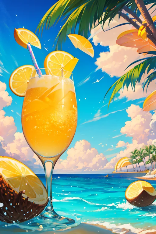 "In an illustration style inspired by Studio Ghibli, create a lovely scene of a lemon coconut drink. La bebida se presenta en un vaso decorado con patrones tropicales, with coconut pieces and lemon slices floating on top. The background shows a serene beach with soft sand and palm trees swaying gently in the sea breeze.. El sol se pone en el horizonte, painting the sky with warm and soft tones. En la distancia, se pueden ver algunas nubes esponjosas y gaviotas volando. The overall atmosphere is calm and evokes a feeling of calm and tranquility, invitando al espectador a sumergirse en el ambiente relajante mientras disfruta de esta bebida tropical."