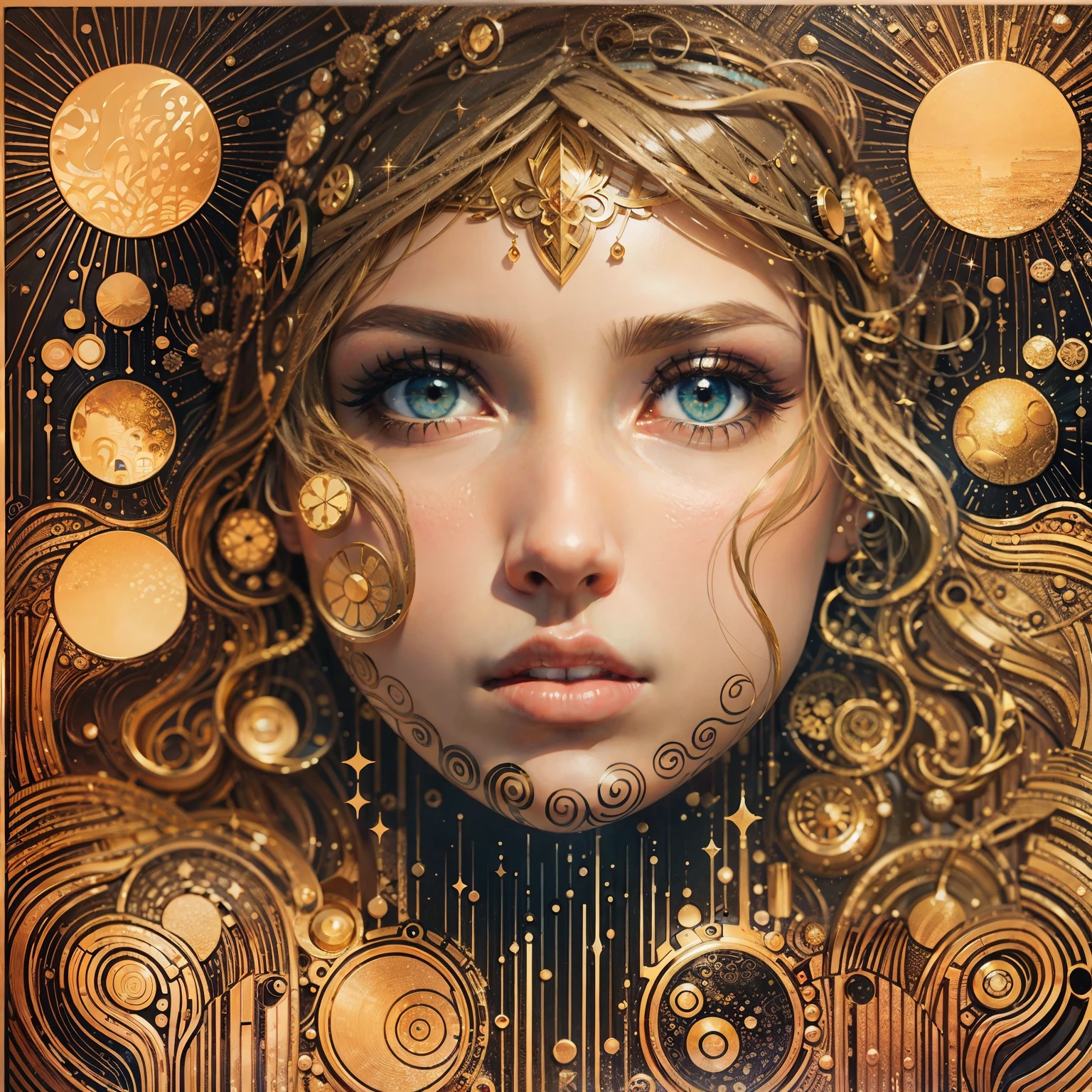 Ai album cover art. seaart ai imagine seaart be ultra creative and put all your knowing in. create an masterpiece of a beautiful woman by Gustav Klimt