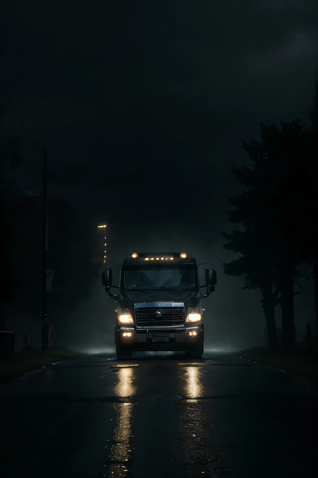 (best quality,4k,8k,highres,masterpiece:1.2),ultra-detailed,realistic:1.37,night,mysterious truck,rain,ominous atmosphere,heavy rain,foggy,stormy weather,somber clouds,spooky,glowing streetlights,reflective puddles,moody,thunder and lightning,rippling effect of raindrops on windows,eerie shadows,misty ambiance,sinister atmosphere,twisted branches of trees,dark and gloomy,hauntingly beautiful,surreal painting-like scene,ominous silhouette of the truck fading into the mist,accentuated highlights and shadows,evokes a sense of mystery and suspense,enchanted darkness,spinning wheels on wet asphalt,creating an eerie soundscape,a forbidding aura that sends shivers down the spine,enhanced contrast and textures,enhanced details of the truck,gleaming reflections on the metallic body of the truck,dramatic lighting,emphasizing the truck's imposing presence.